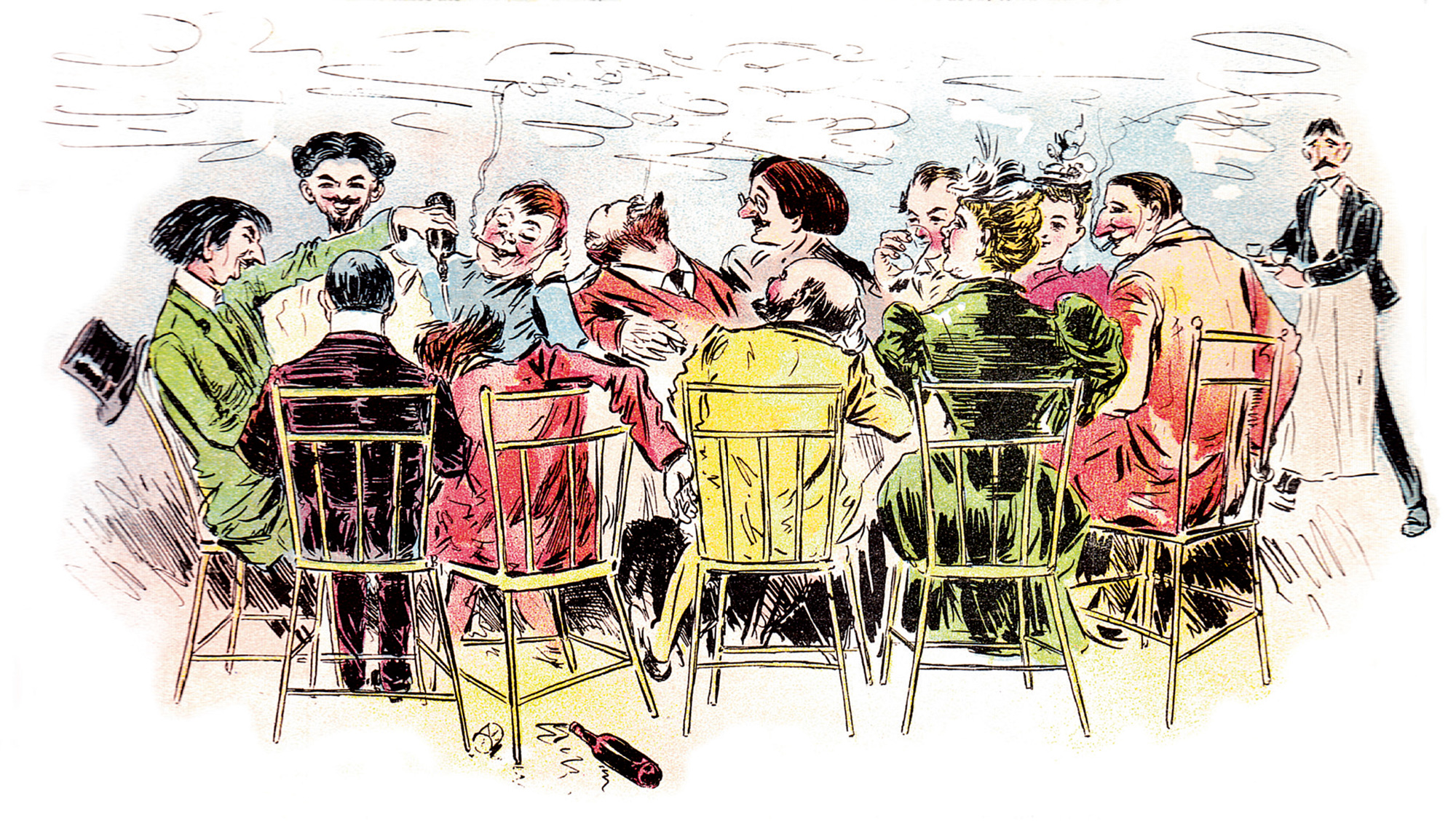 An eighteen ninety-three illustration of a dinner party by George Benjamin Luks for “Truth” magazine. The caption under the image reads: “The real Bohemians. They get the best table and service, for which most of them generally owe.”