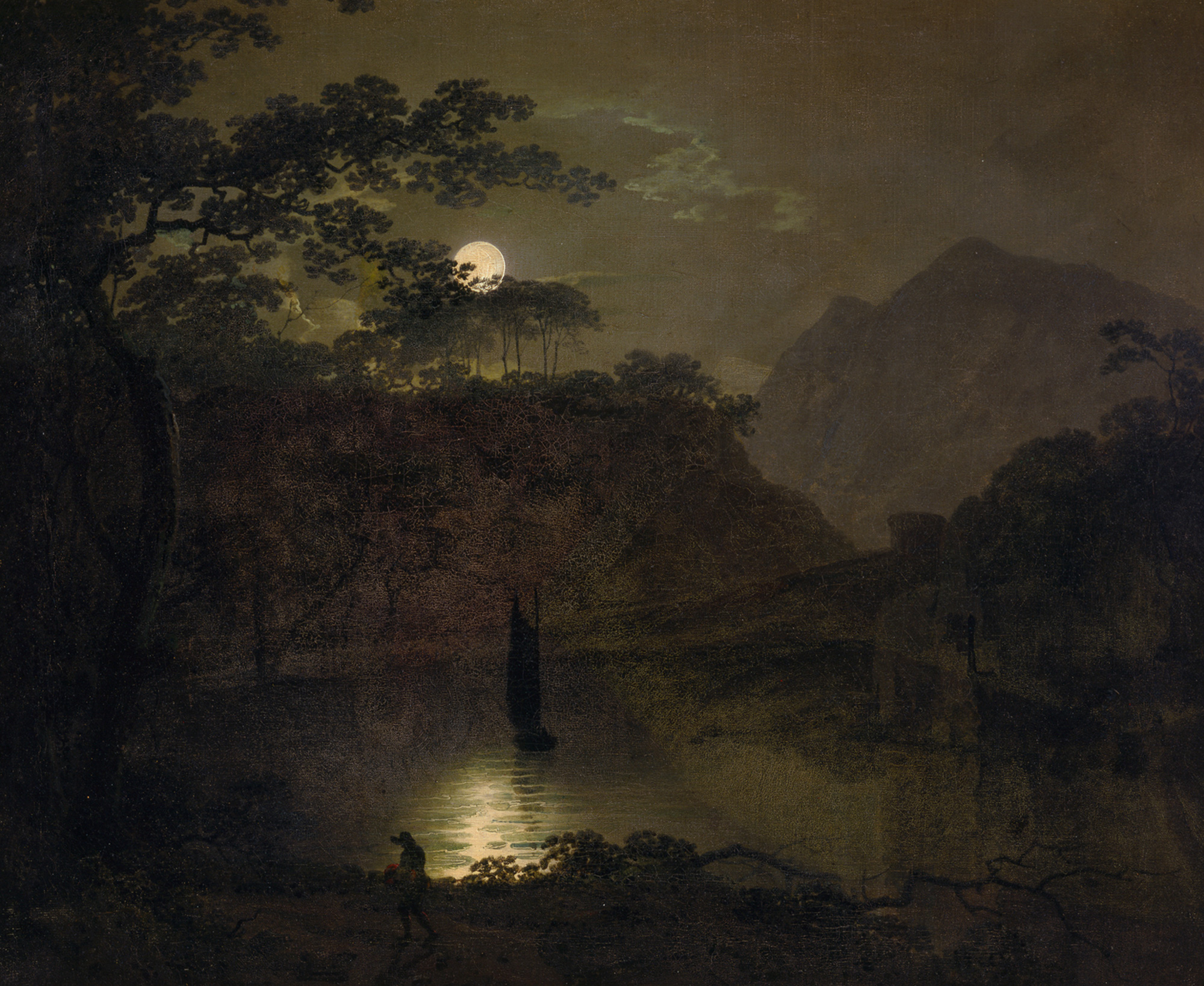 Joseph Wright of Derby’s circa seventeen eighty-one painting titled “A Lake by Moonlight.”