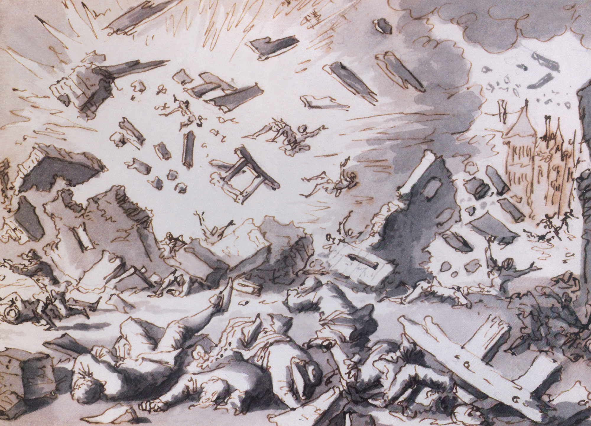 A detail from Jan Luyken’s sixteen ninety-eight artwork “The 1654 Explosion of the Gunpowder Store in Delft, sixteen ninety-eight.” It shows a group of men knocked down in the midst of an explosion.