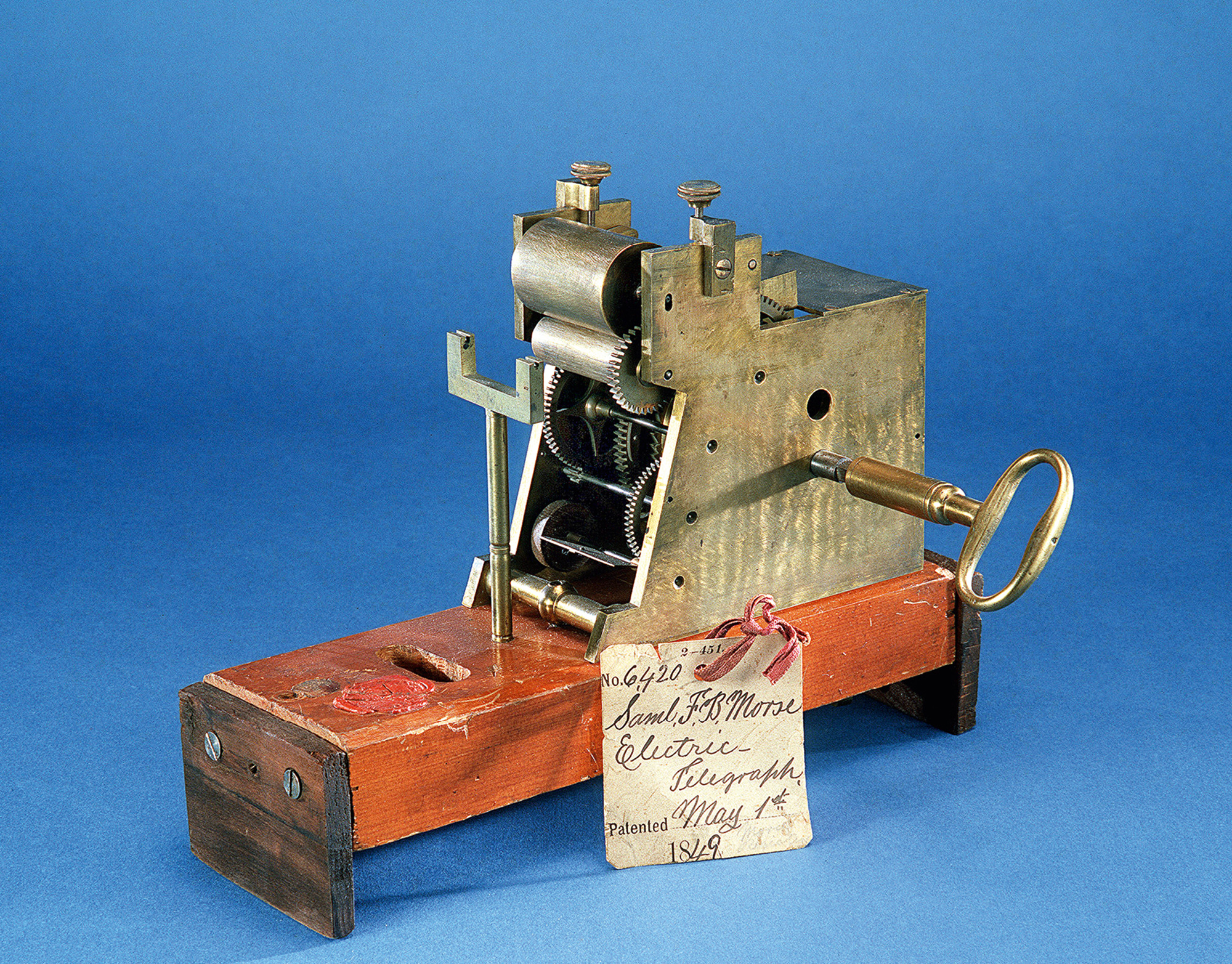 A photograph of Samuel F. B. Morse’s eighteen forty-four electromagnetic telegraph receiver.