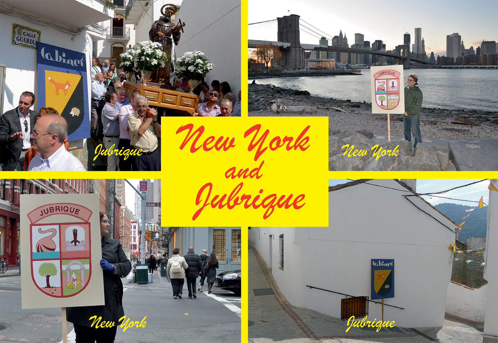 The front of this issue’s postcard with photographs of New York and Jubrique, Spain.