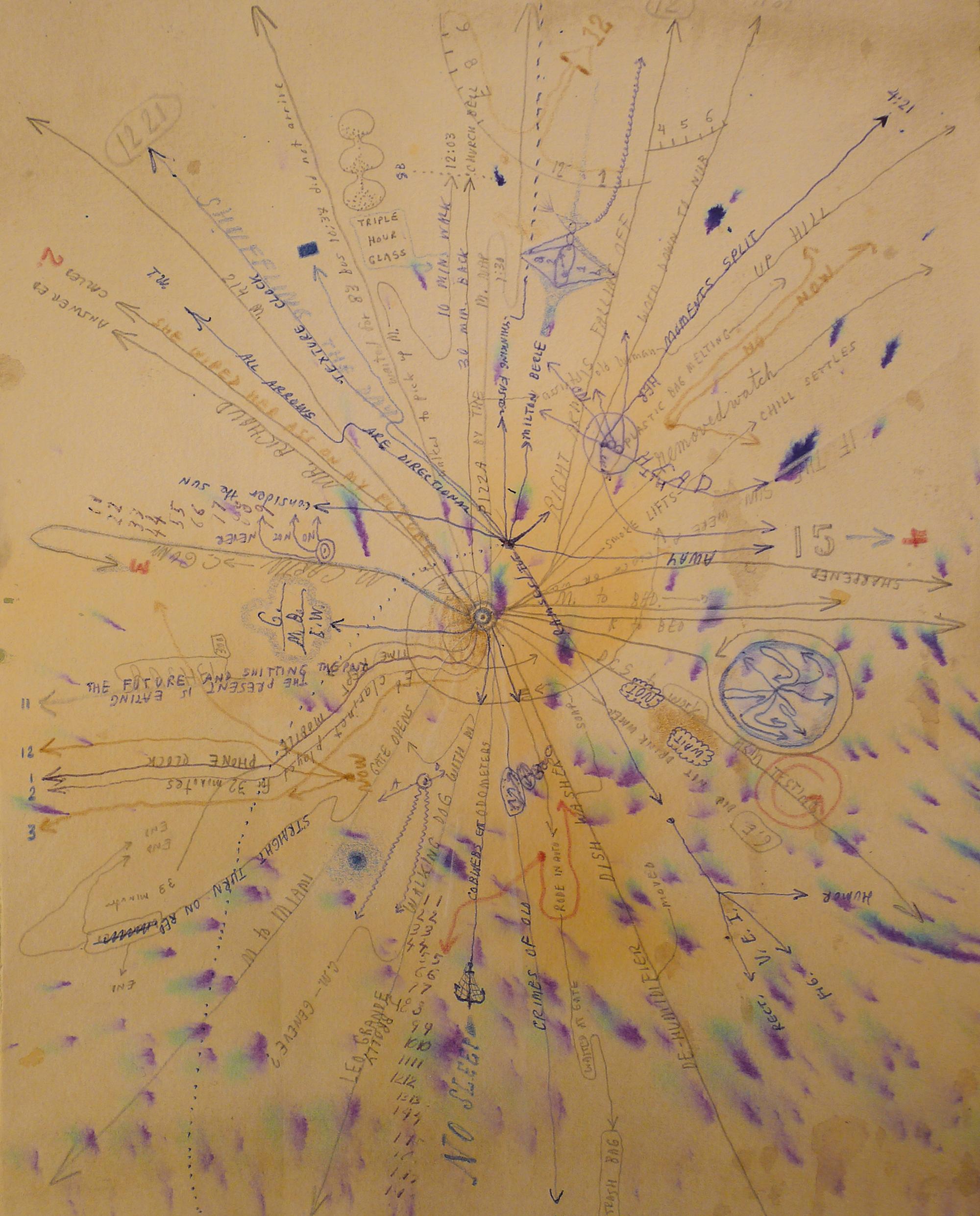 David Scher’s twenty eleven artwork titled “nothing doing.” It looks like a series of lines and texts leading outward from a helical center. 