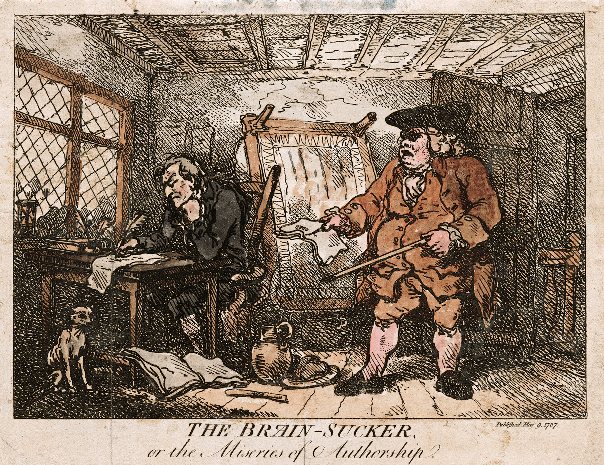 A colored print titled “The Brain-Sucker, or the Miseries of Authorship,” showing a writer interrupted by a portly man. 