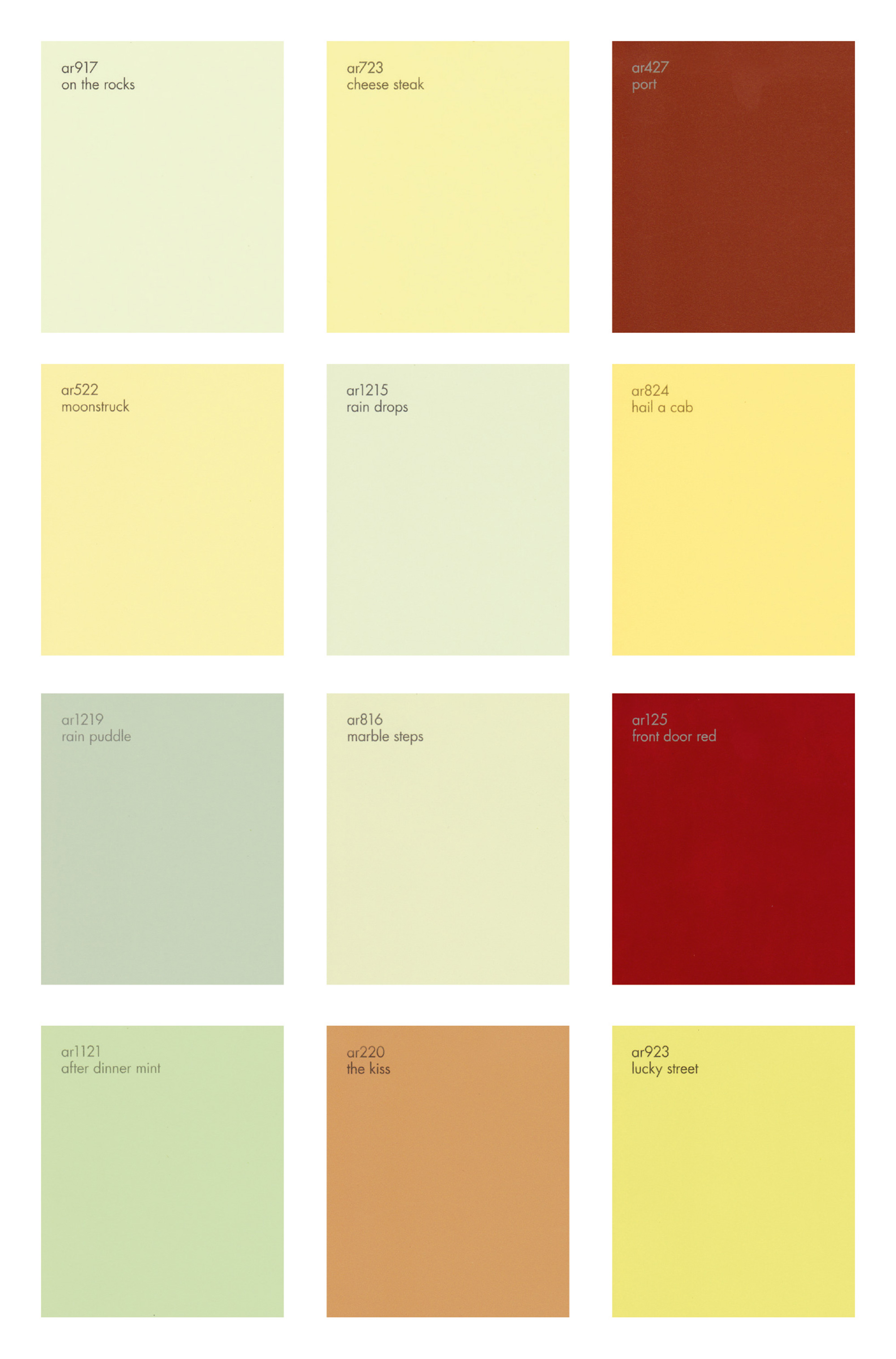 An artwork composed of twelve paint swatches. 