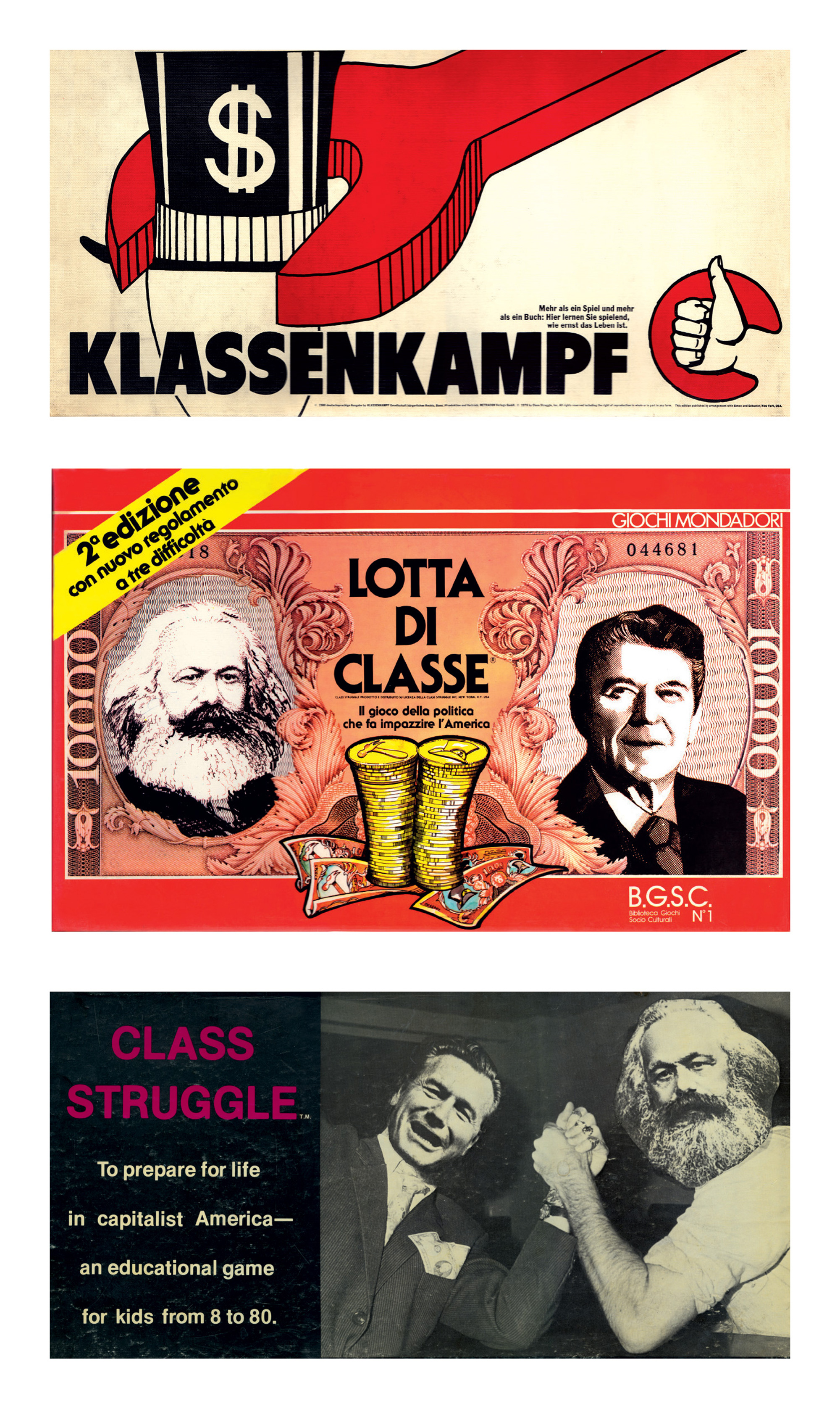 Photographs of the boxes for the German, Italian, and American editions of Bertell Ollman’s boardgame “Class Struggle.”