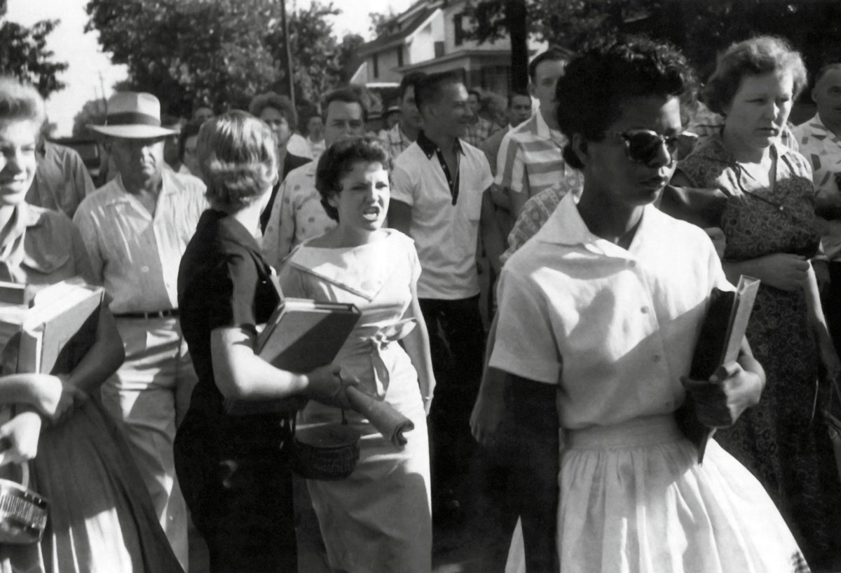 Will Counts’s nineteen fifty-seven photograph of Hazel Bryan screaming at Elizabeth Eckford as she walks to Little Rock Central High.