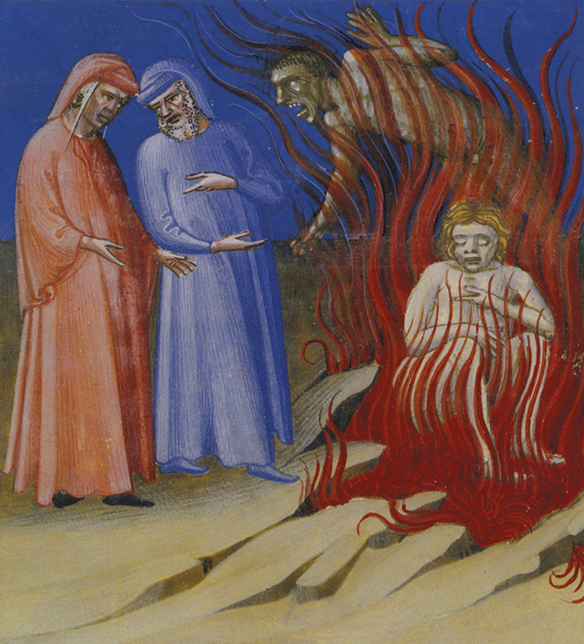 A circa fourteen twenty illustration by Bartolomeo di Fruosino of false counsellors burning in “tongues of fire” for their sins.