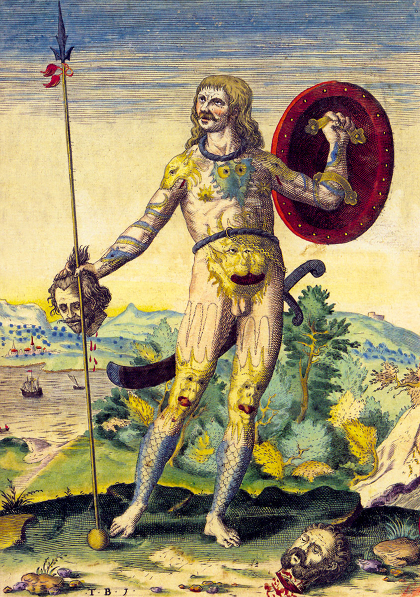 An engraving by Theodor de Bry of a Pict man, published in Thomas Hariot’s fifteen ninety “A Briefe and True Report of the New Found Land of Virginia” to demonstrate to the English that their own ancestors were once also “savages.”