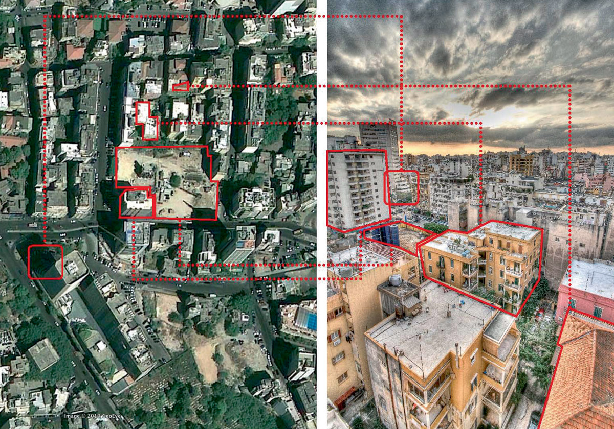 A comparison of the buildings in a photograph of the Beirut skyline and the buildings visible on Google Earth. 