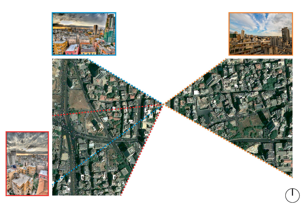 A composite of photographs of buildings in Beirut and their locations on a Google map. 