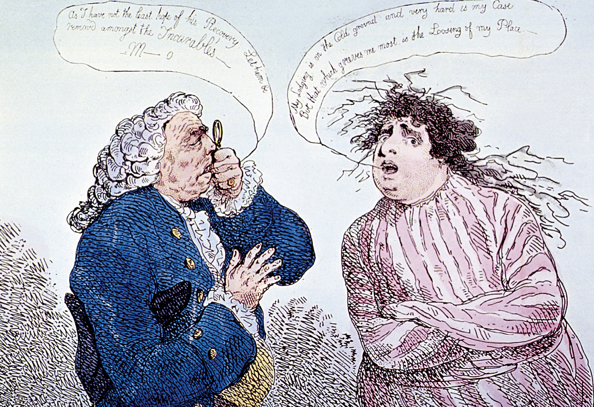 Thomas Rowlandson’s seventeen eighty-four artwork “The Incurable,” depicting a man in a straitjacket. 