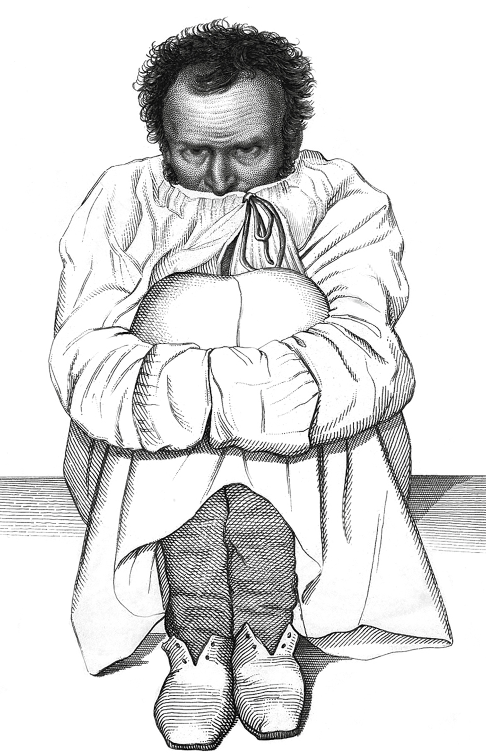 A circa eighteen thirty-eight engraving by Ambroise Tardieu showing a patient in a French asylum.