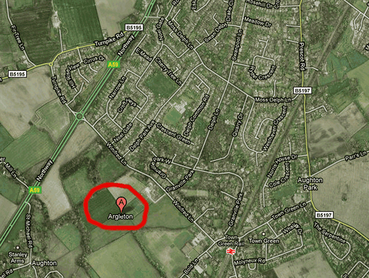 A screen capture of a map featuring the mysterious Argleton, which disappeared from Google Maps in twenty ten.