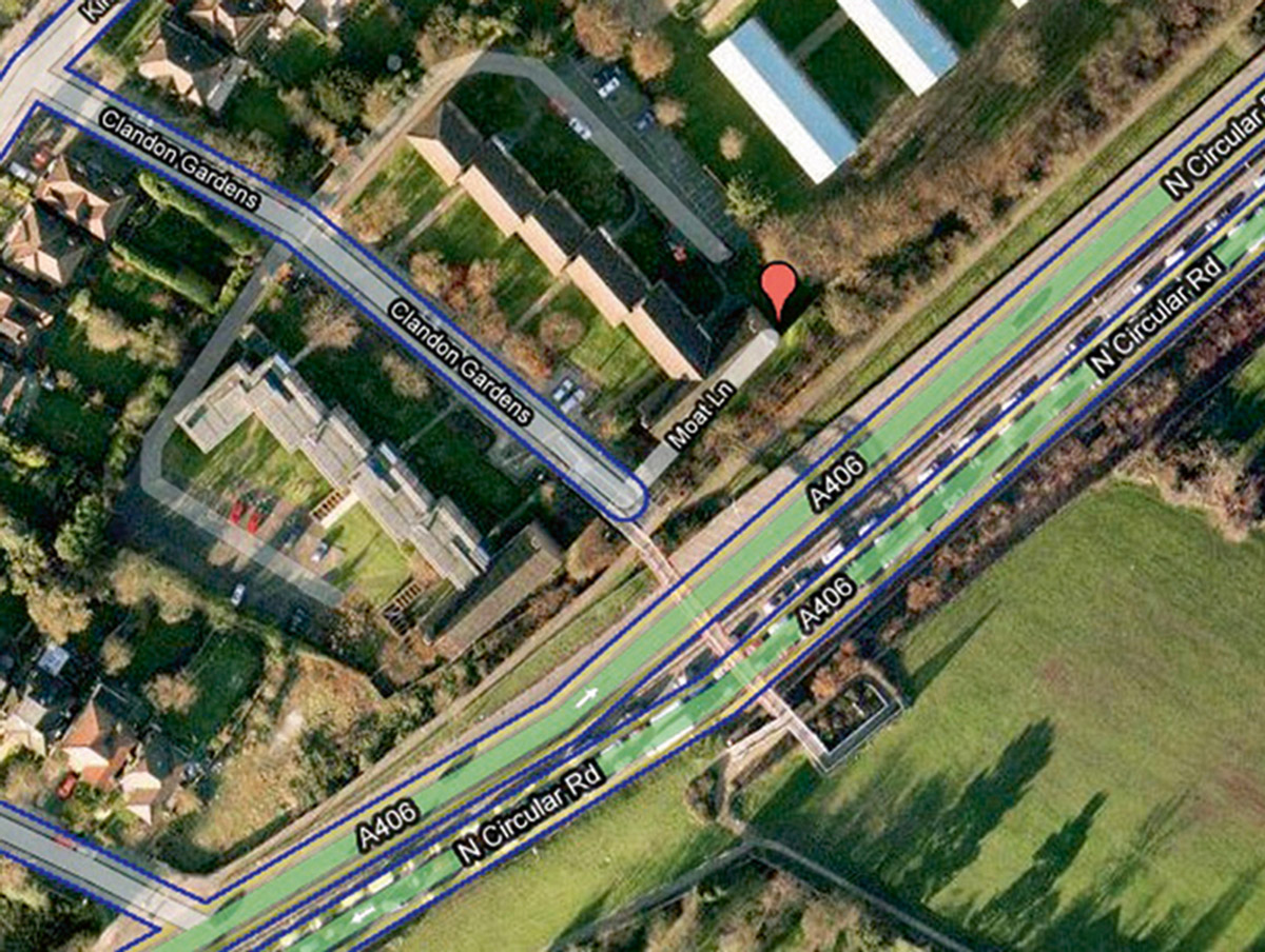 A screen capture of a map featuring Moat Lane in north London, also erased from Google Maps.