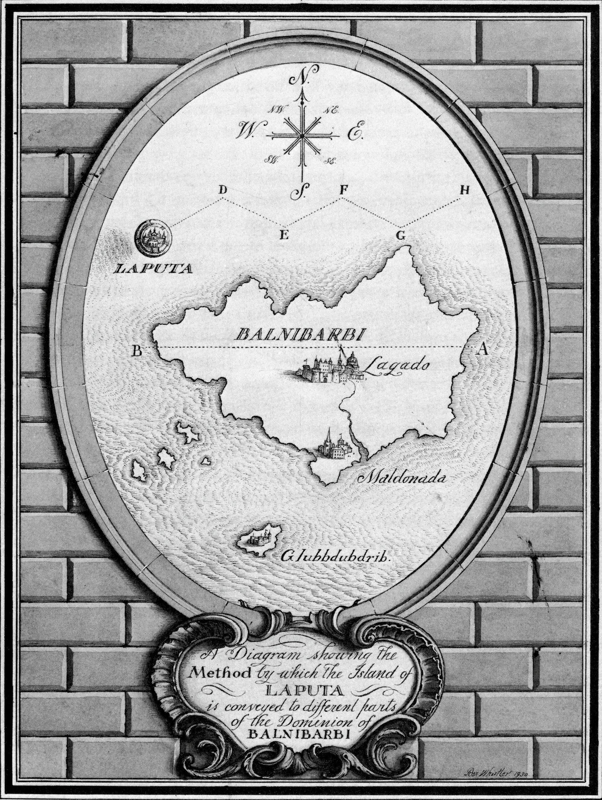 A map of the airborne island Laputa preparing to menace the citizens of Balnibarbi, from a nineteen thirty edition of “Gulliver’s Travels.” 