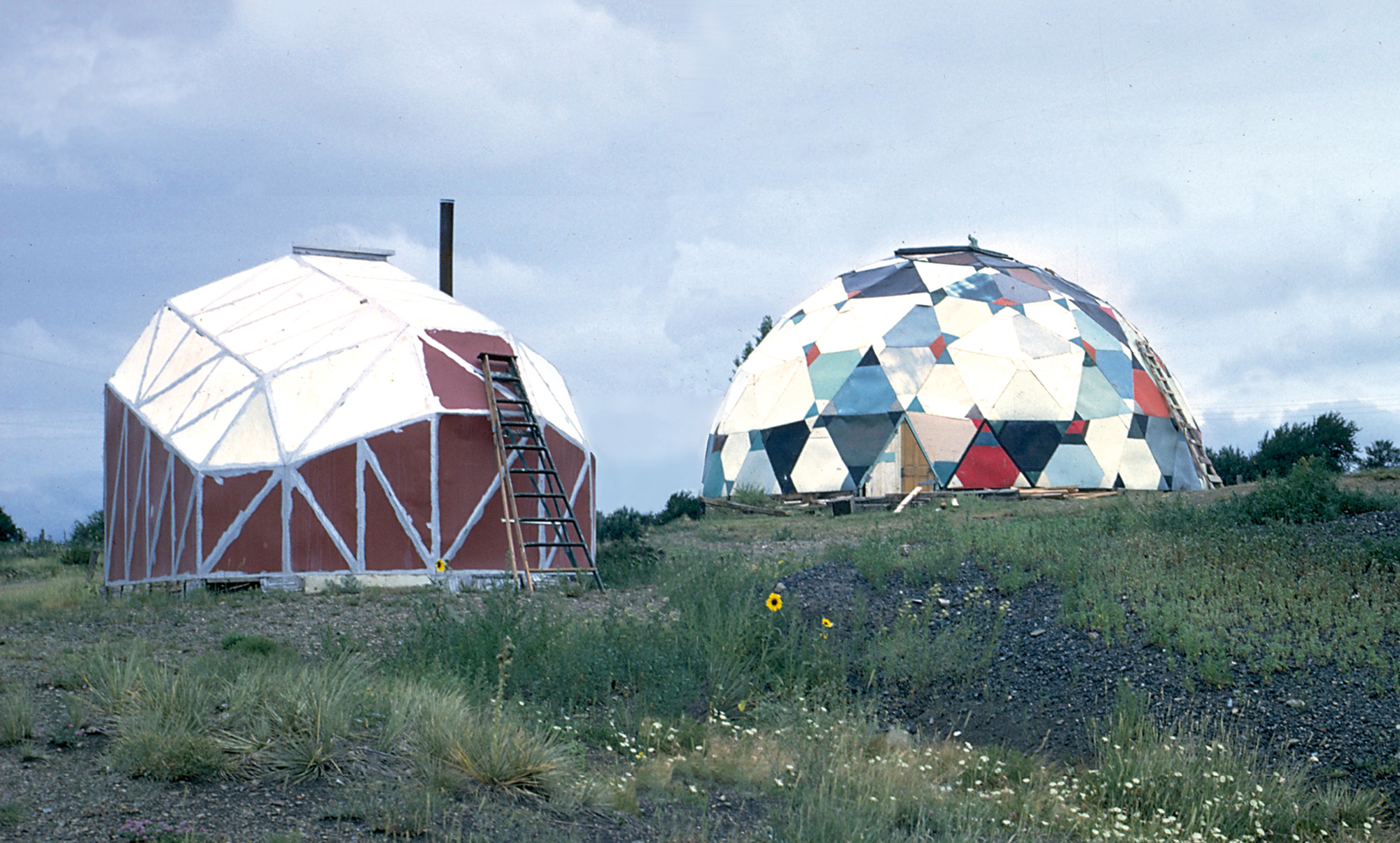 A photograph of Cartop Dome and Theater at Drop City, the utopian community built in southern Colorado in the mid-nineteen sixties.