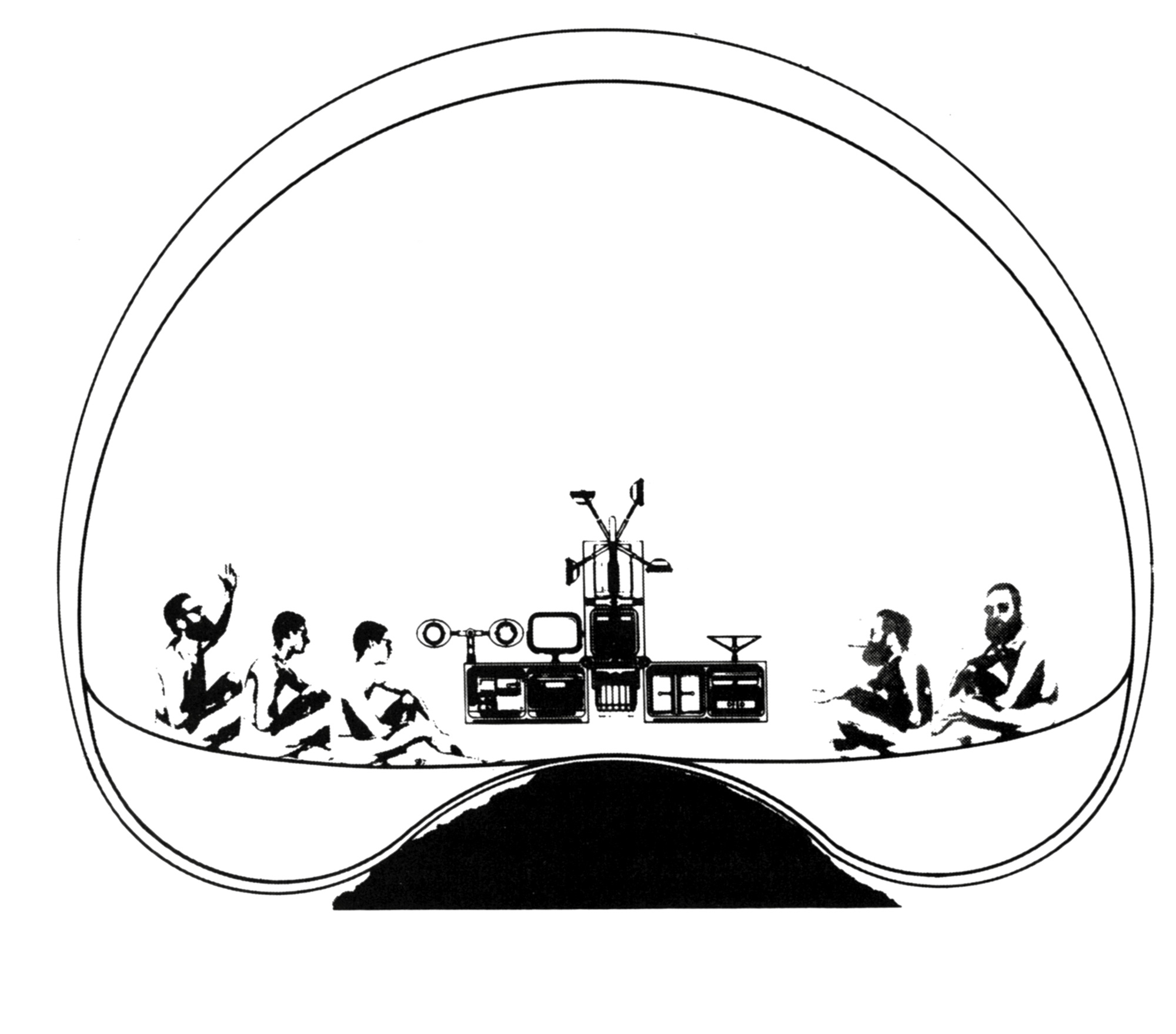An illustration of figures sitting in a dome titled “Environment Bubble,” by François Dallegret and Reyner Banham.
