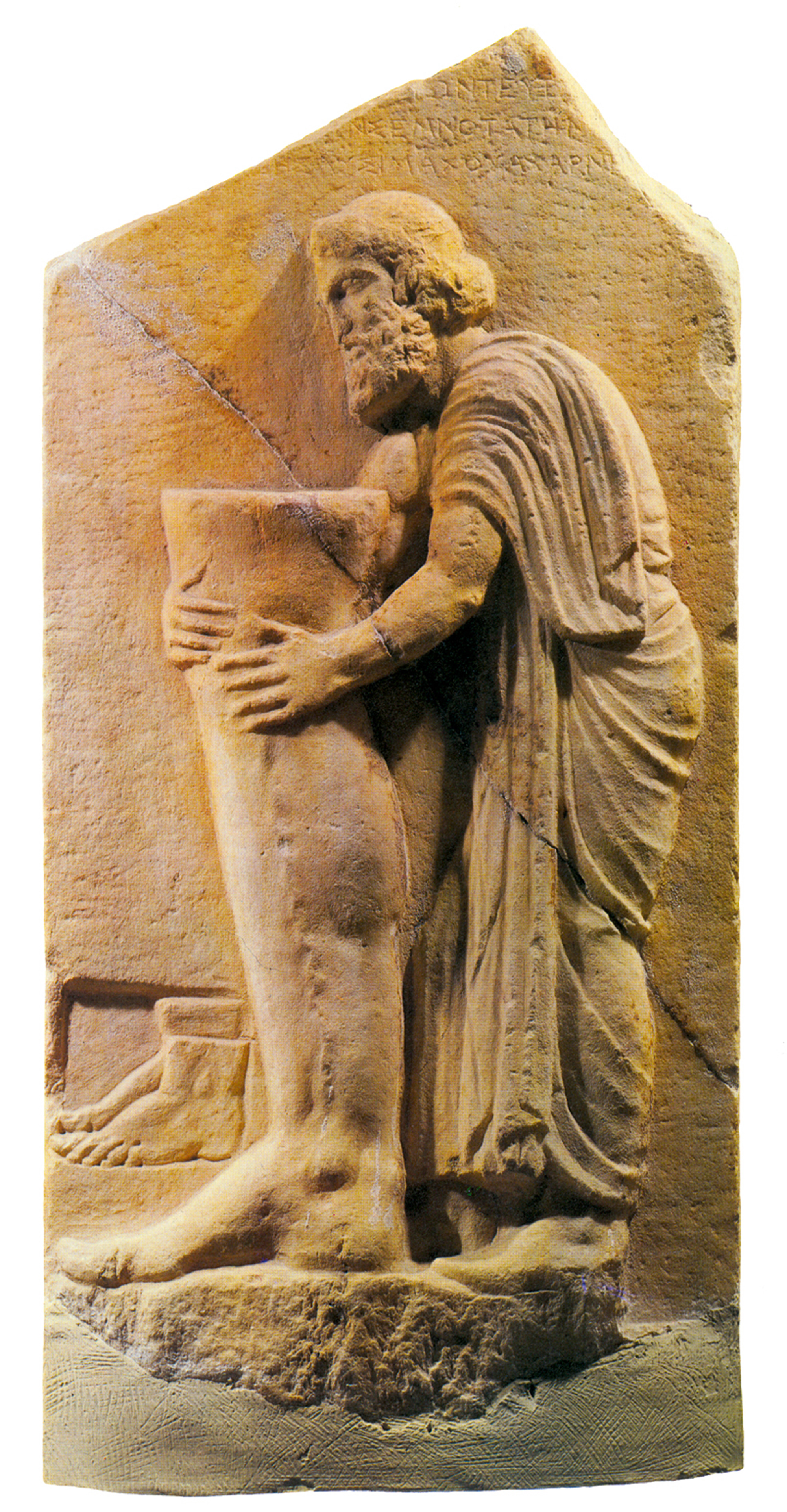 Marble relief of man dedicating a votive leg in gratitude for being cured of varicose veins, 325–300 BCE.