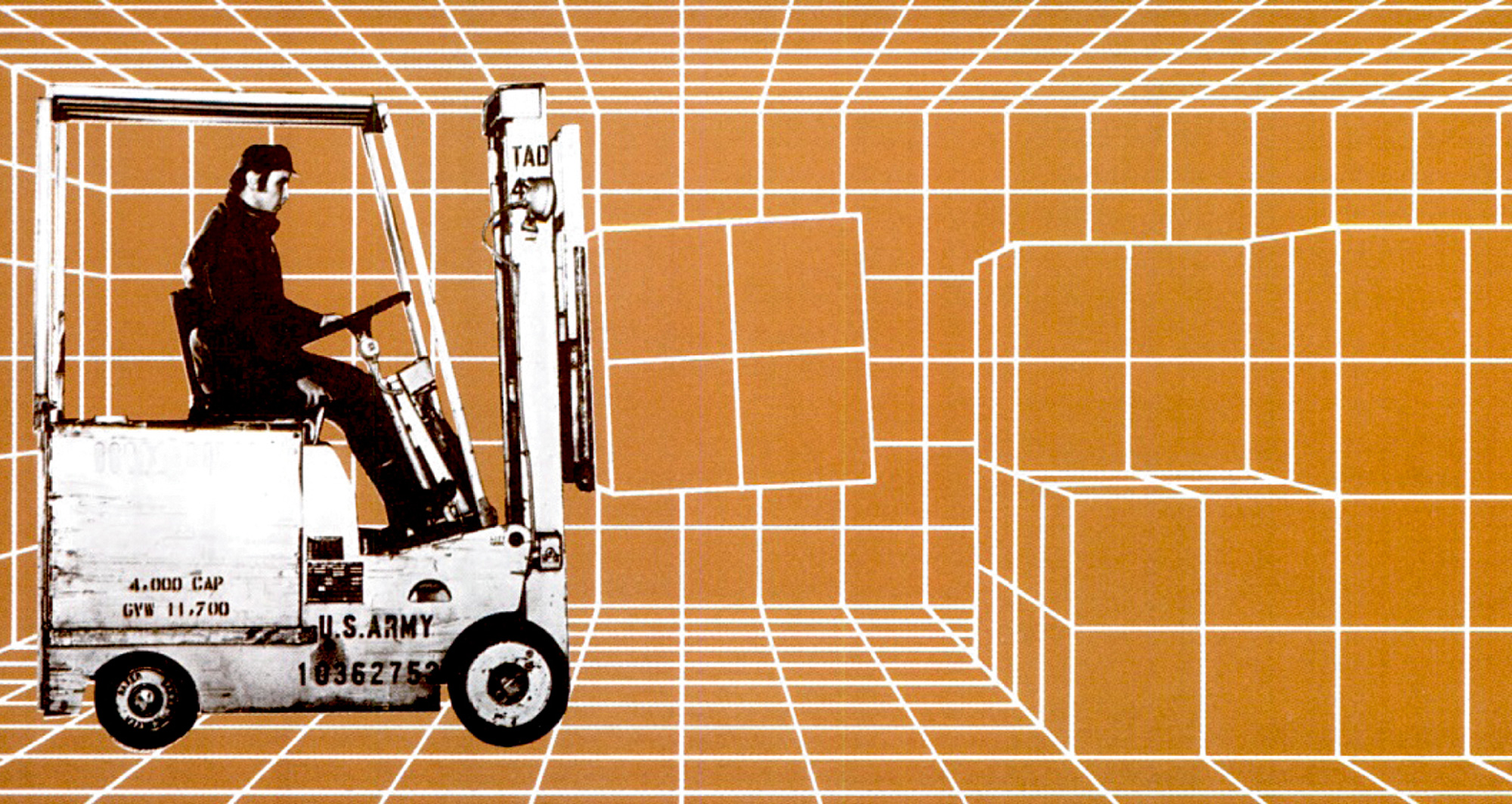 An eighteen eighty-three illustration from “Army Logistician,” showing a man operating a forklift as inventory and architecture merge into a blank surface.