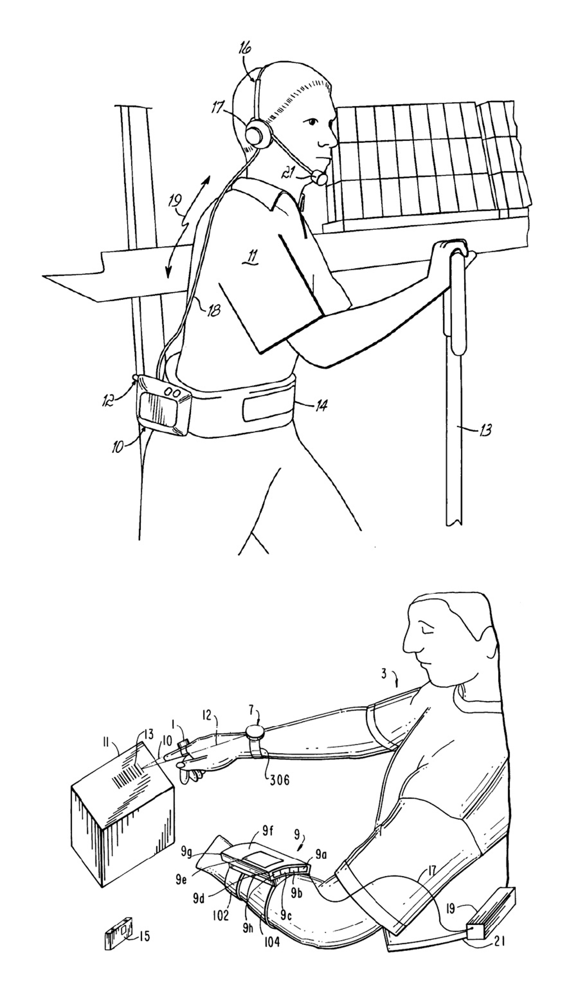Top: Lucas Systems uses personal wearable computers for their JenniferTM VoicePlus voice-directed picking system. Illustration for US patent publication no. 2007/0080930 A1, 12 April 2007. Bottom: Scanners can also be worn on the body. This drawing for Motorola’s US patent no. 5898161 (27 April 1999) highlights features of this system, including the ring used to scan bar codes and the readout attached to the forearm.