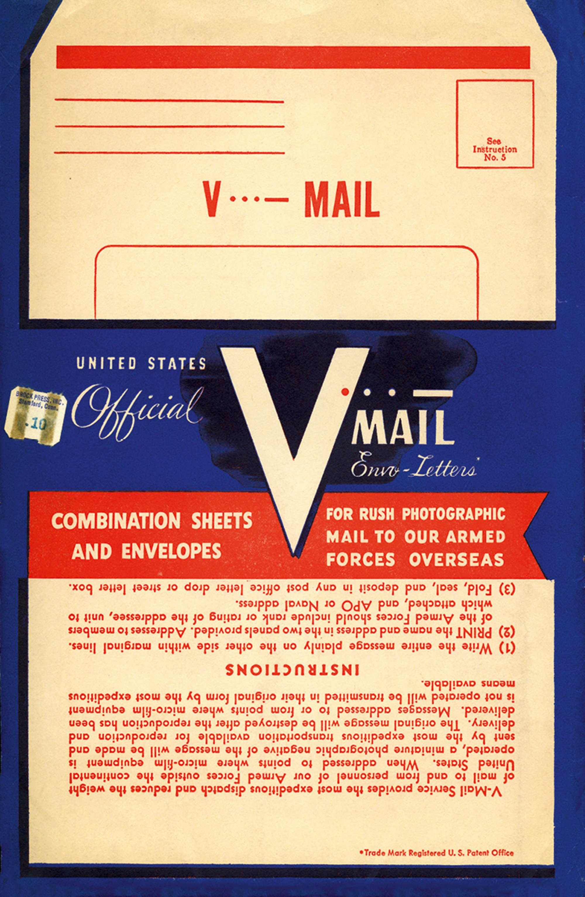 A photograph of patriotic packaging for V-Mail, a special stationery and envelope system created during World War 2 for correspondence between the US and overseas military personnel.