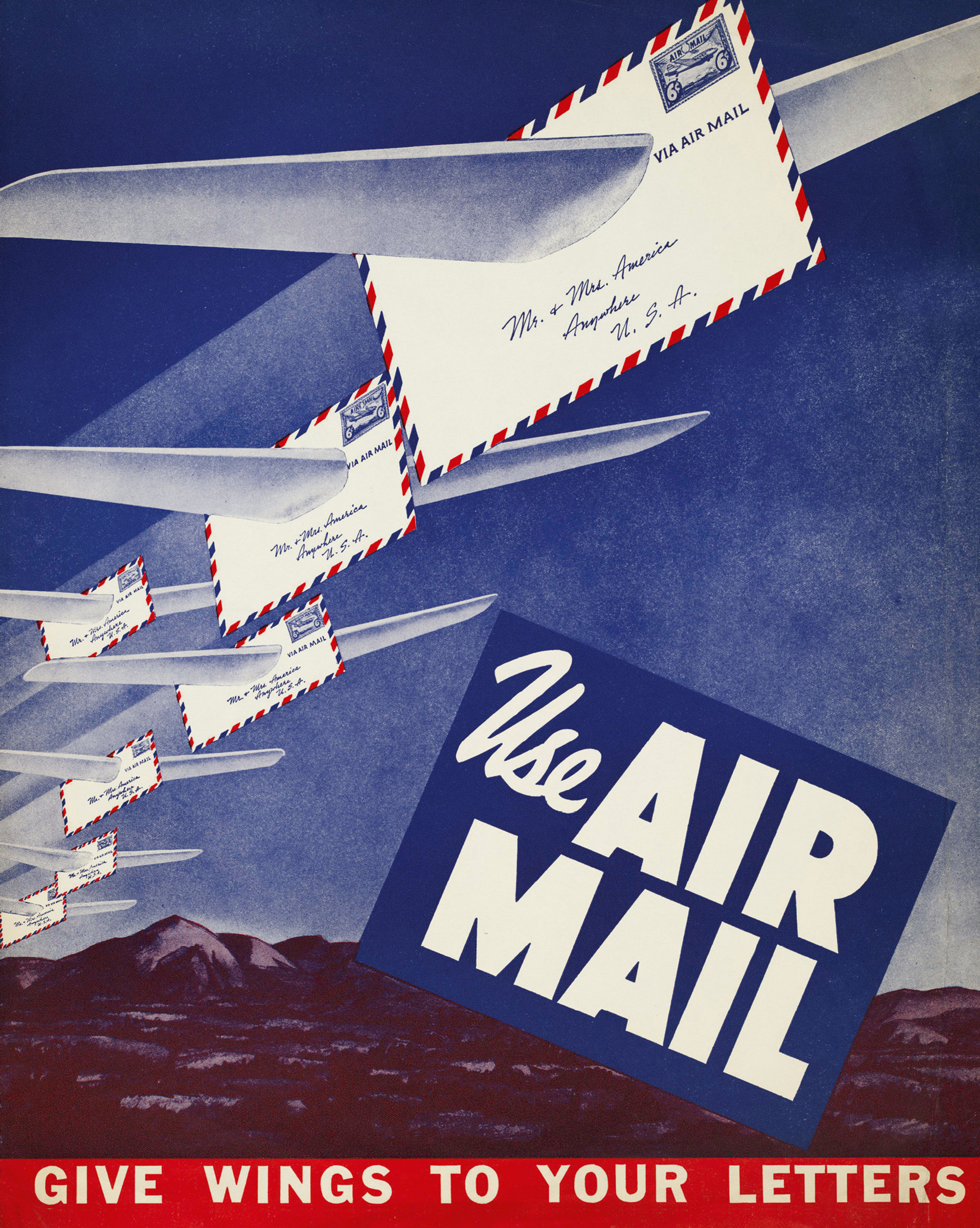 A circa nineteen thirty-nine poster advertising domestic mail. It shows envelopes with wings flying across a landscape. 