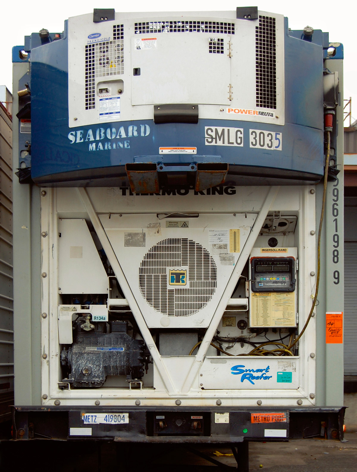 A photograph of a refrigerated shipping container. 