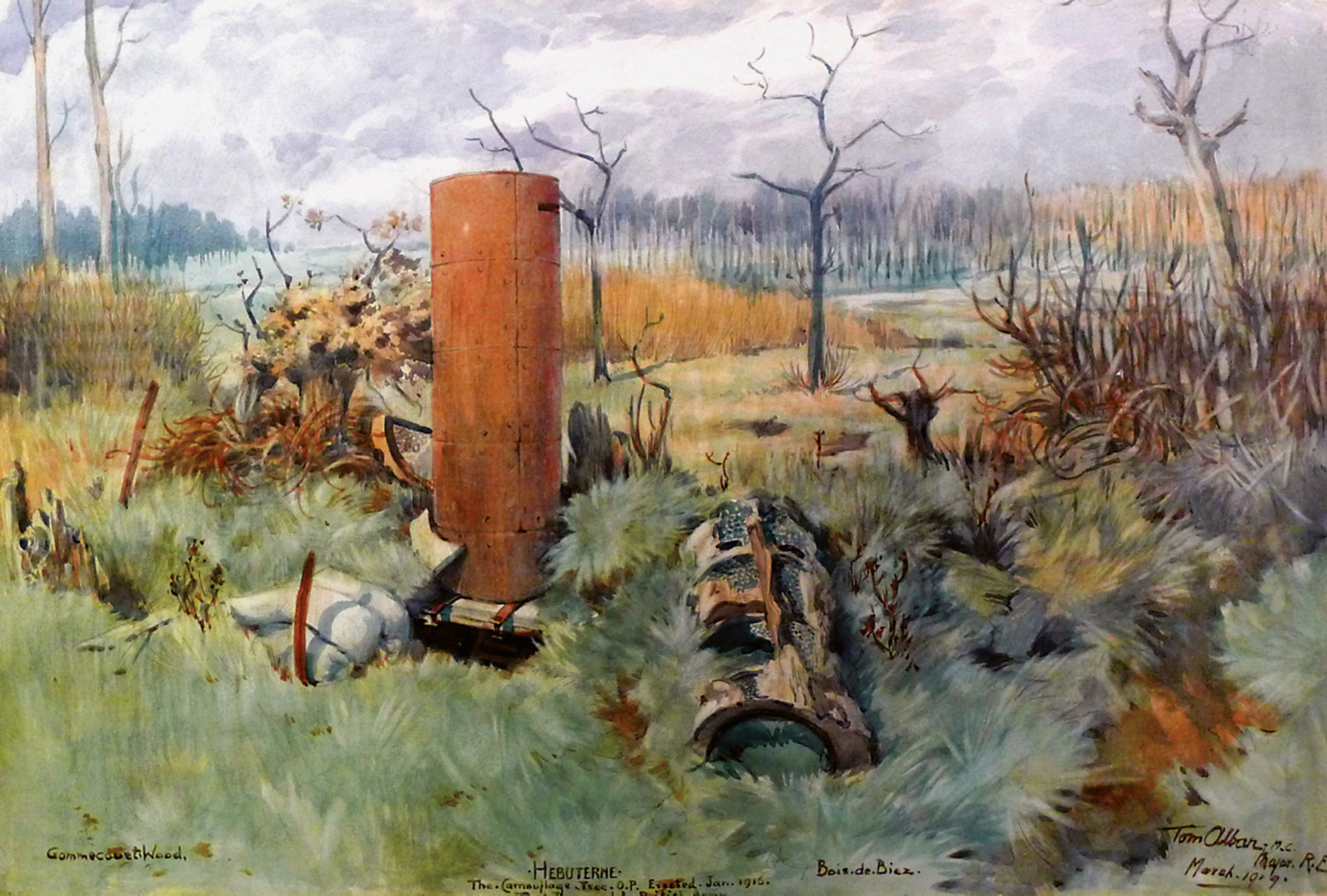 Tom Alban’s nineteen nineteen painting titled “Hebuterne. The Camouflage Tree O.P. Erected Jan 1916. First Tree Used by British Army.”