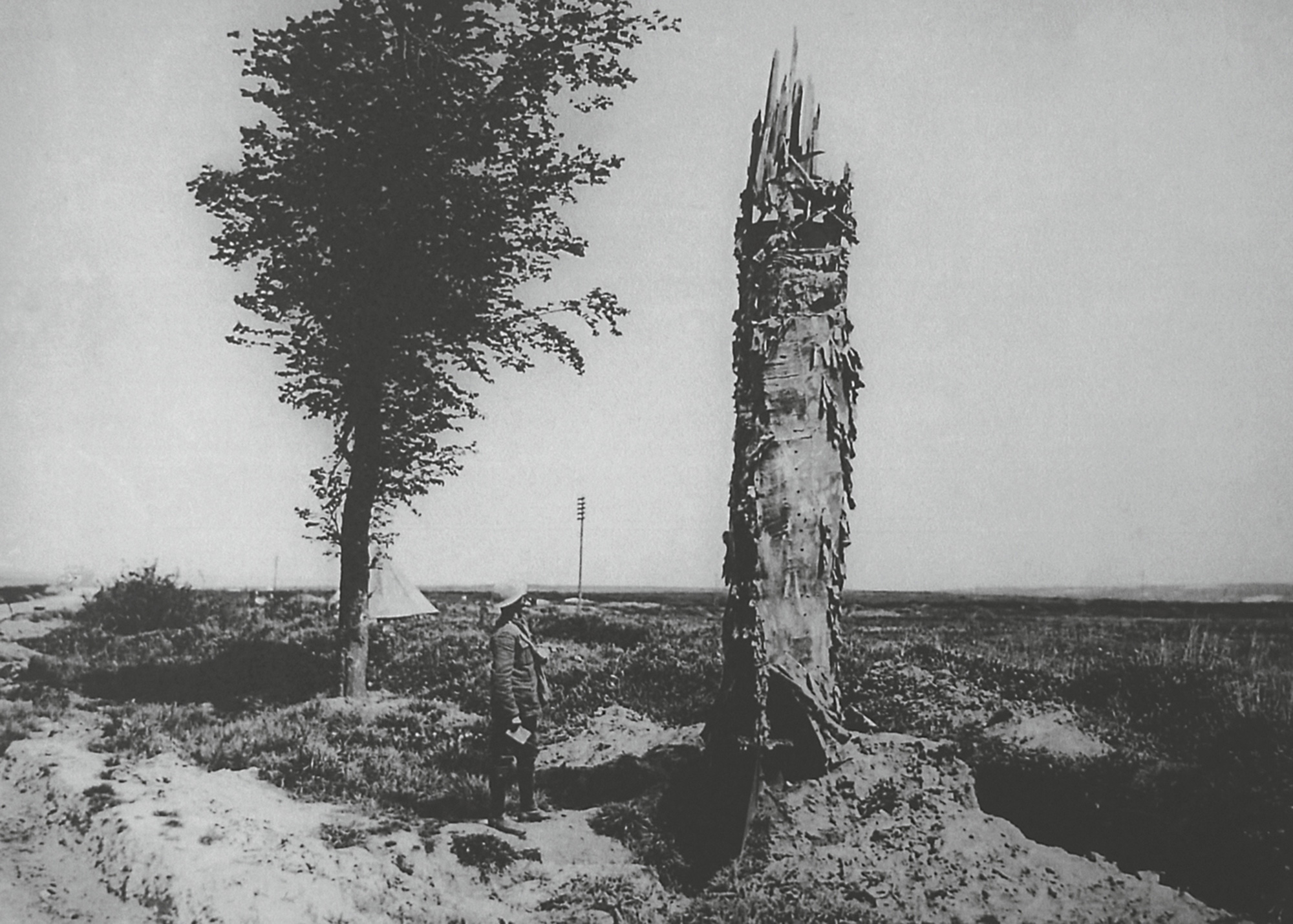 A nineteen eighteen photograph of a canvas-and-steel observation post near Souchez, France.