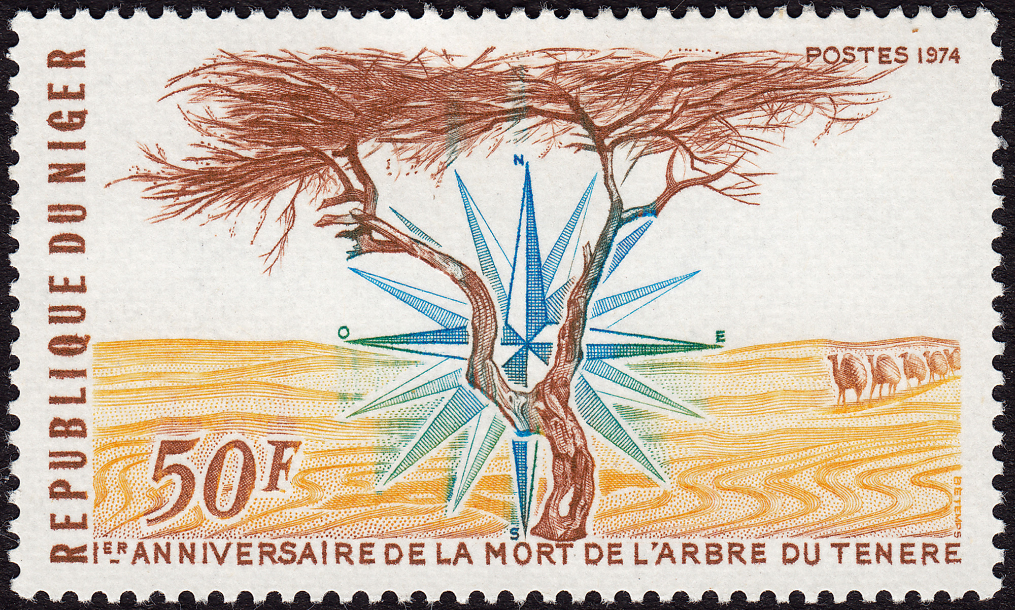 Nigerien stamp issued in 1974 commemorating the first anniversary of the death of the Tree of Ténéré. Courtesy Timbres de France & FDC.