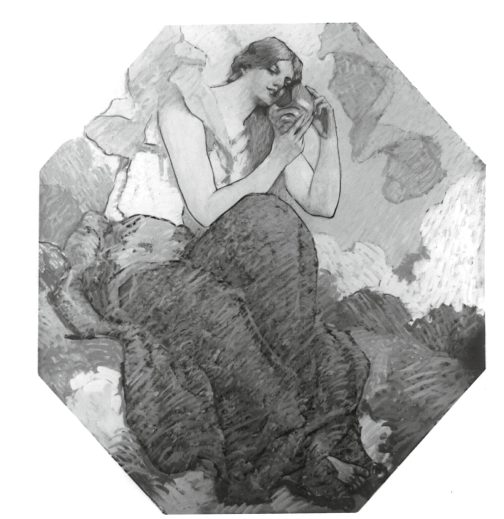 A circa eighteen ninety-six mural by Robert Reid in Library of Congress’s Jefferson Building. It depicts a woman listening to a seashell.