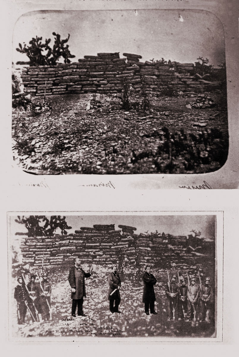 Top: Adrien Cordiglia, Site of the Execution of Maximilian, 1867. Bottom: Adrien Cordiglia, Composite Image of the Execution of Maximilian, 1867. Images courtesy Library of Congress.