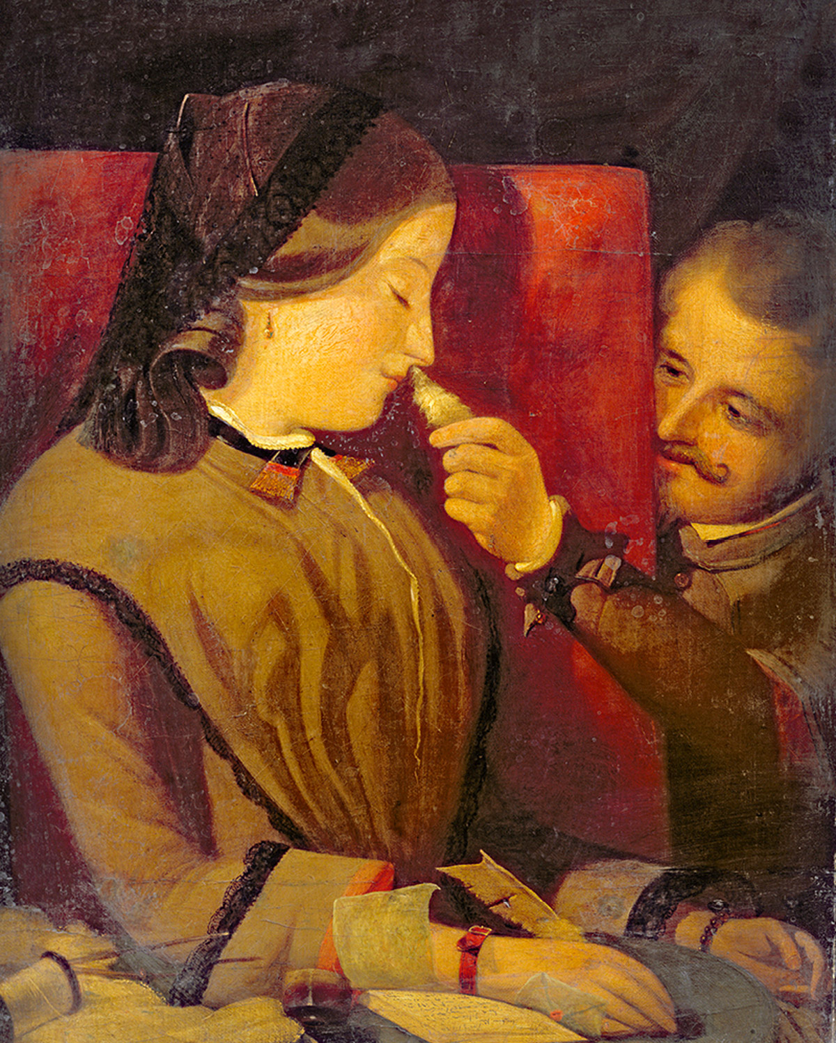 Thomas Wade’s circa eighteen sixty painting titled “Man Tickling a Woman’s Nose with a Feather.”