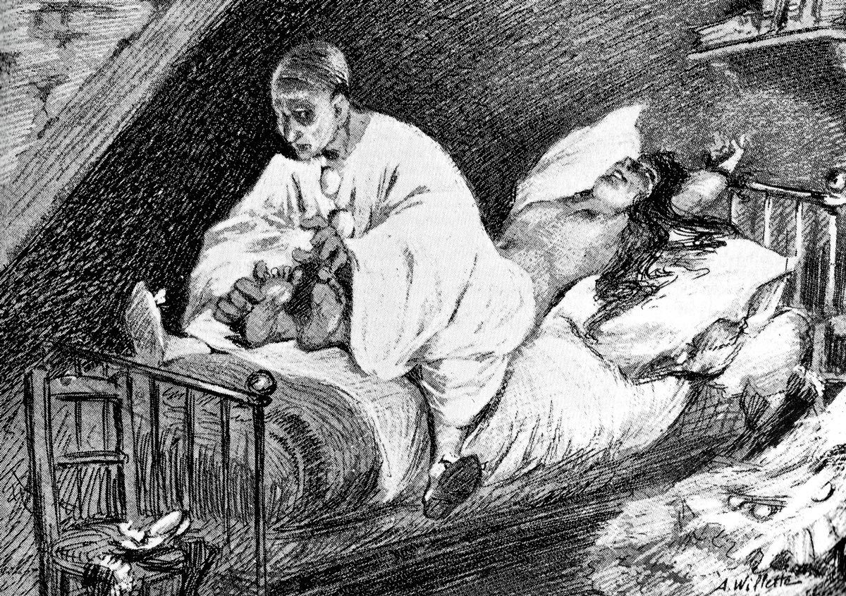 Adolphe Willette’s illustration of Pierrot tickling his wife Columbine to death published in his weekly journal “Le Pierrot” on the 7th of December eighteen eighty-eight.