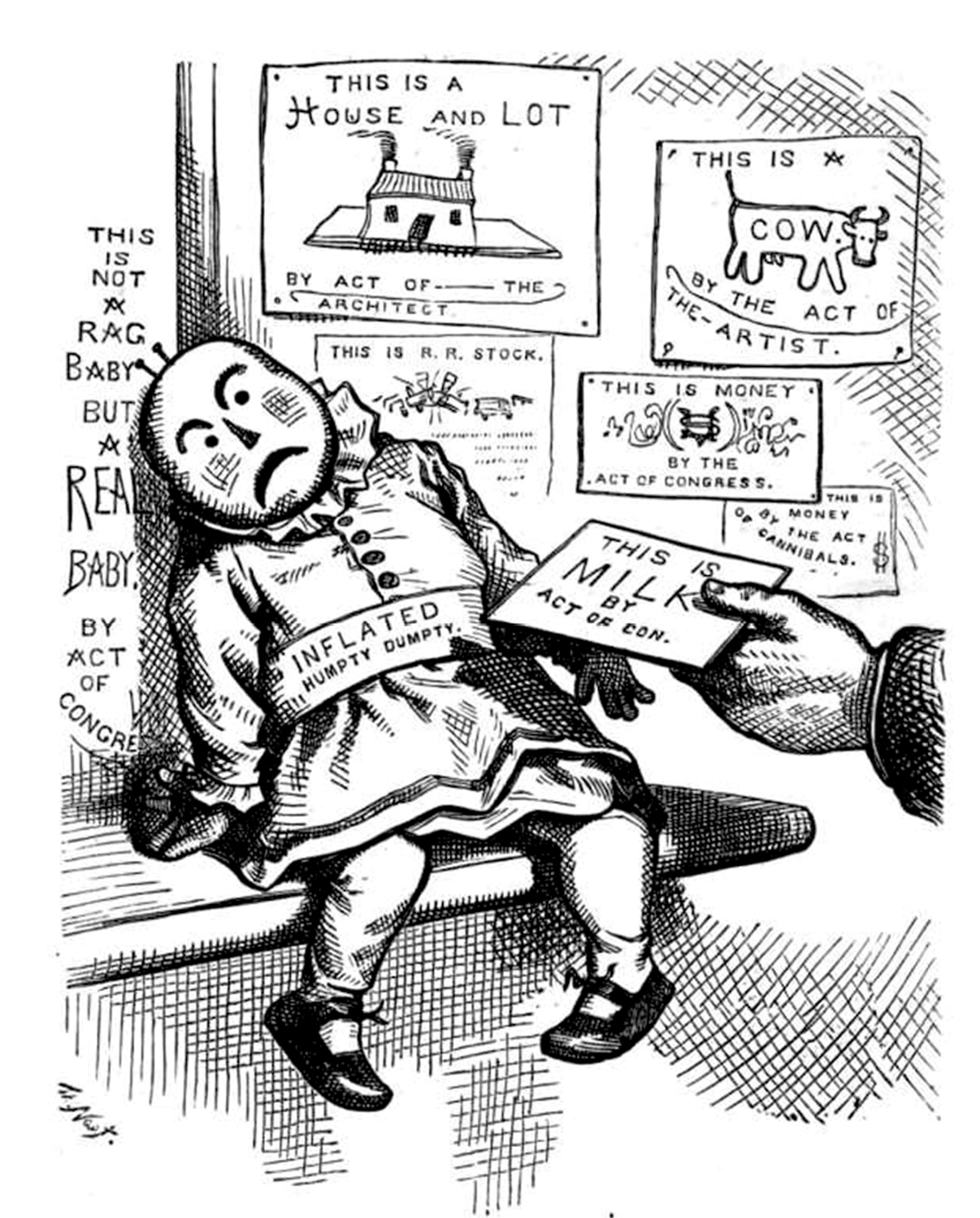 “Milk Tickets for Babies, In Place of Milk.” Illustration by Thomas Nast for David Wells’s Robinson Crusoe’s Money (1876), a critique of the paper money inflation caused by the Civil War.