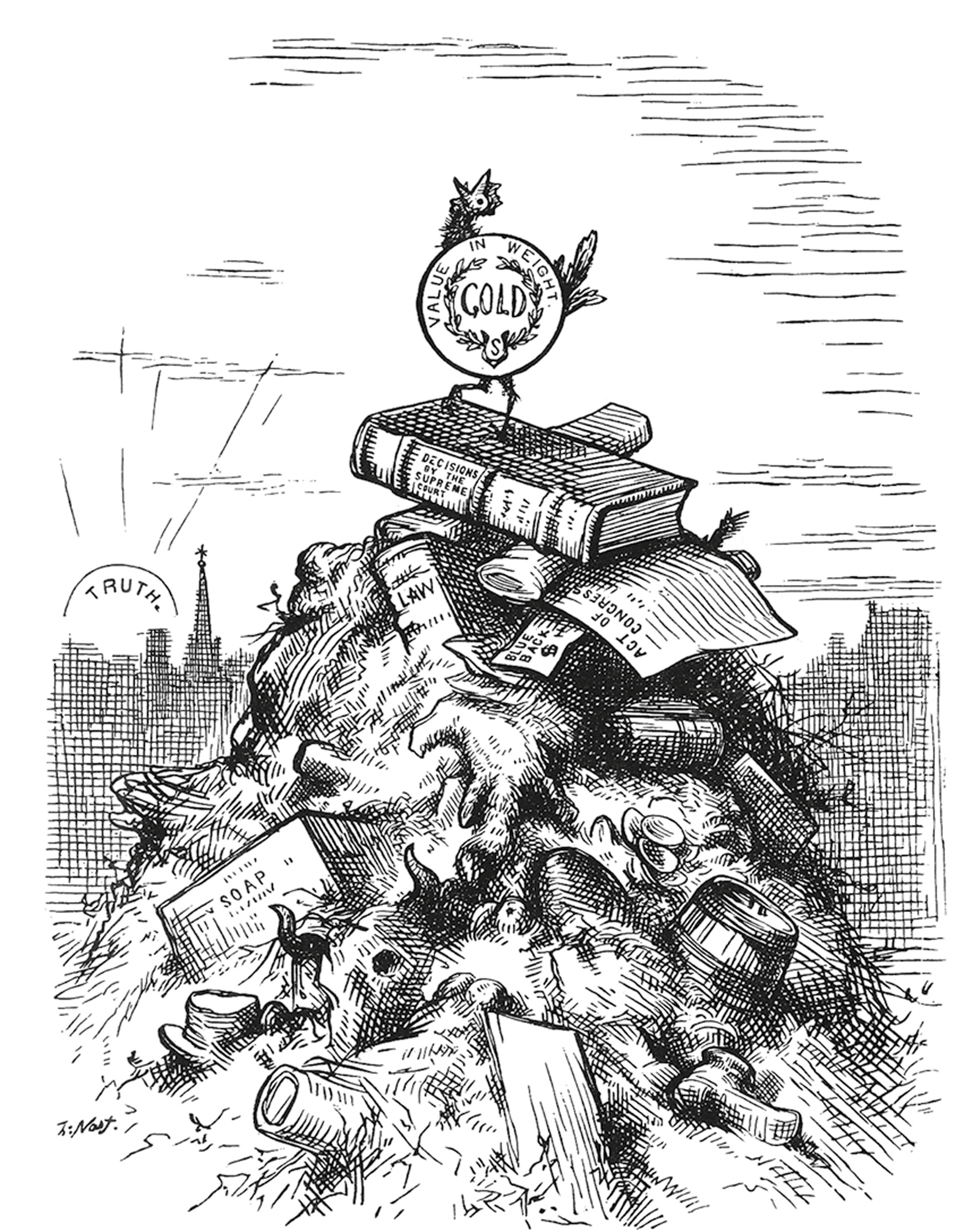 Thomas Nast, “Survival of the Fittest,” 1876. Cover for David Wells’s Robinson Crusoe’s Money.