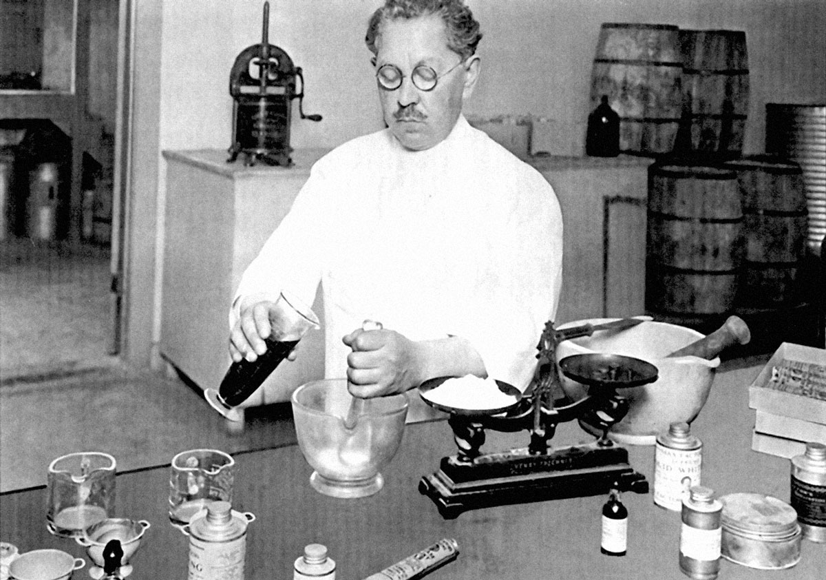 A nineteen twenty-two photograph of Max Factor in his basement laboratory on South Hill Street, Los Angeles.