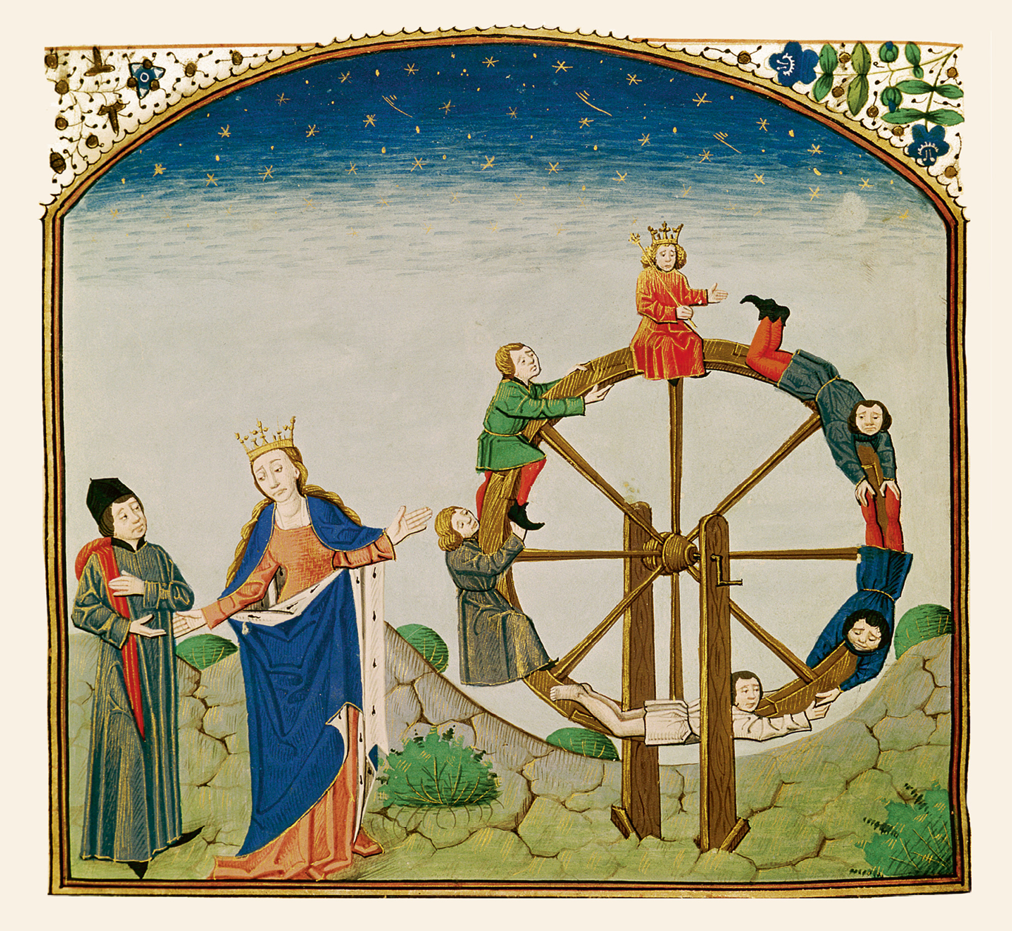 An illustration of Boethius with the wheel of fortune considering his options, from a fifteenth-century French translation of “De Consolatione Philosophiae.”