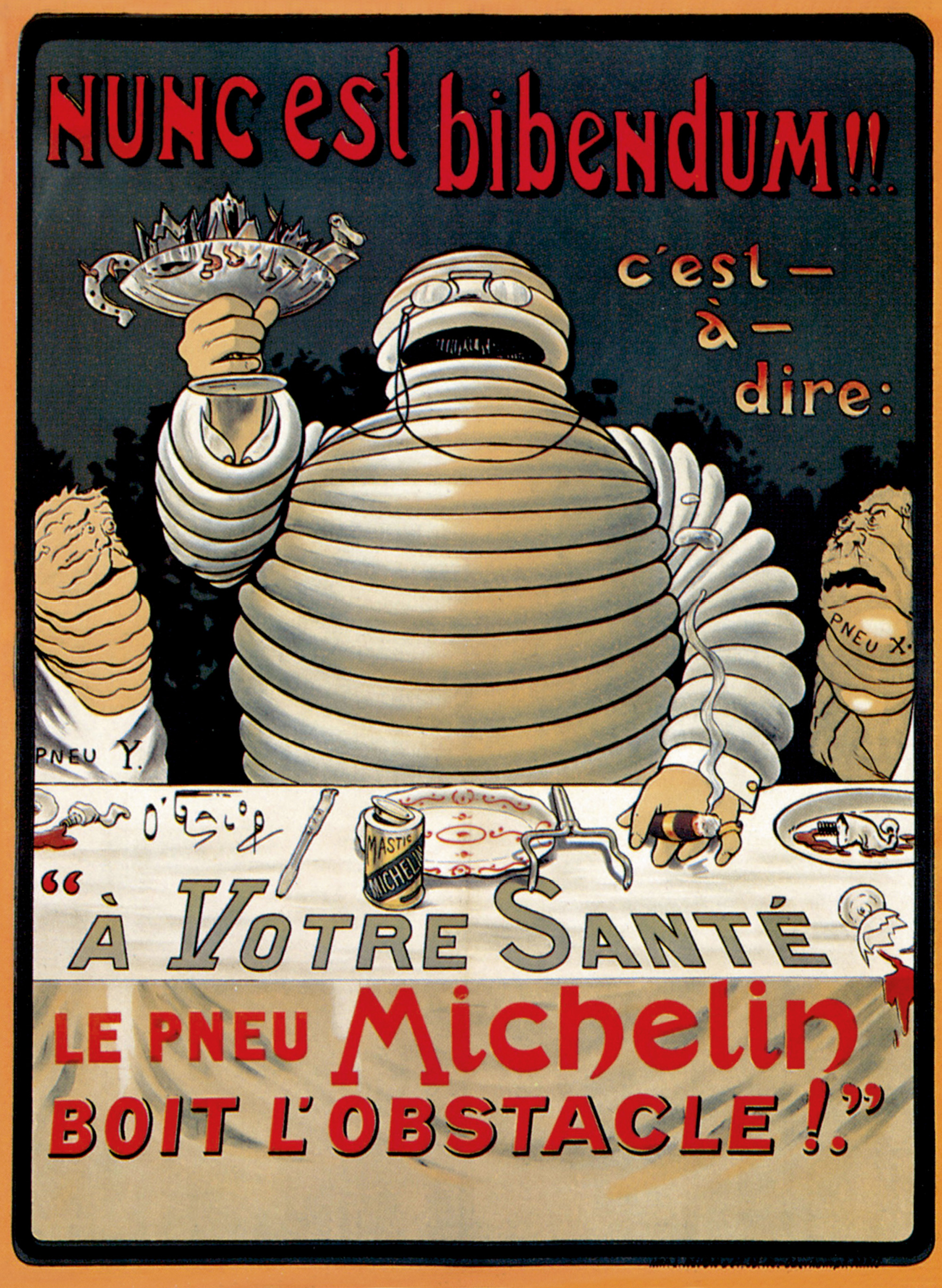 A poster features Michelin’s celebrated mascot Bibendum, first drawn by the popular advertising illustrator O’Galop (Marius Rossillon) in eighteen ninety-eight.