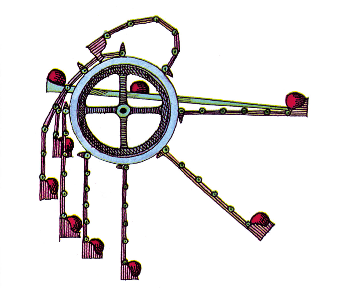 An illustration of a perpetual motion machine consisting of a wheel of long-hinged arms which catch and drop a ball as it spins. The machine was designed in the nineteenth century by British mechanist George Linton as a variant on an idea first proposed in the thirteenth century by Frenchman Villard de Honnecourt. 