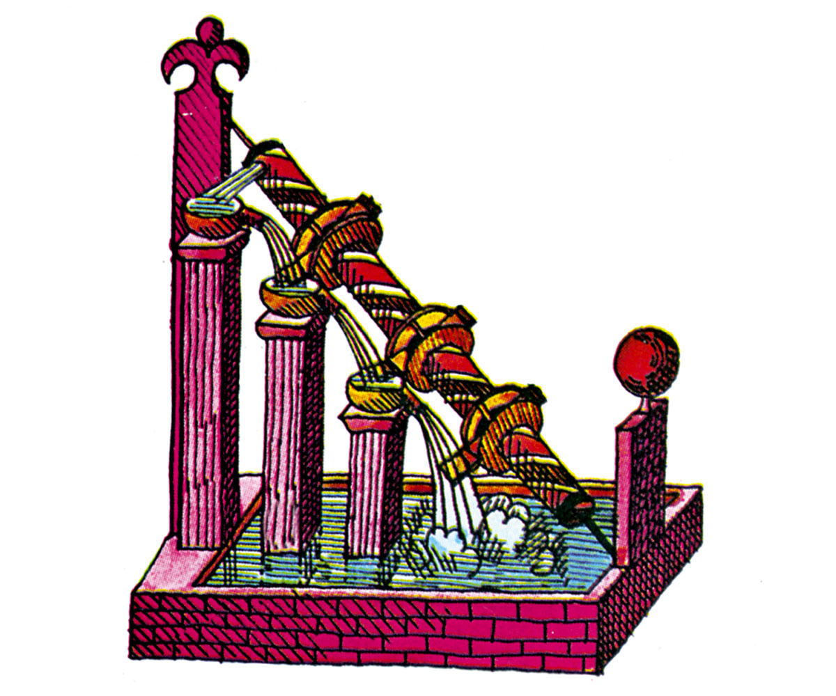 An illustration of a “self-running” perpetual motion water wheel, proposed and then rejected as unworkable by John Wilkins in his work “Mathematical Magick.”An illustration of a “self-running” perpetual motion water wheel, proposed and then rejected as unworkable by John Wilkins in his work “Mathematical Magick.”