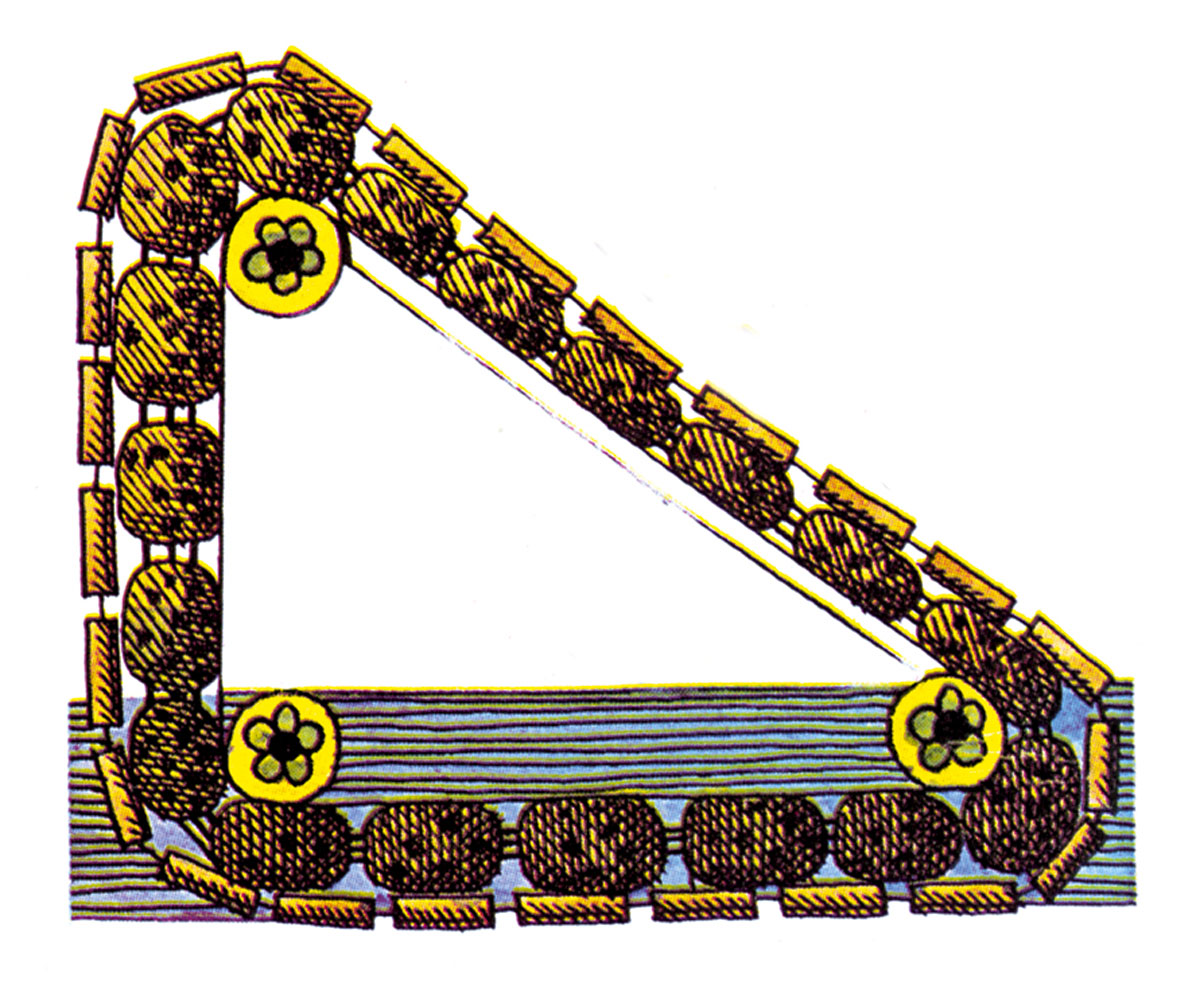 An illustration of a conveyor belt of sponges, water, and pulleys invented by Sir William Congreve in the early nineteenth century.