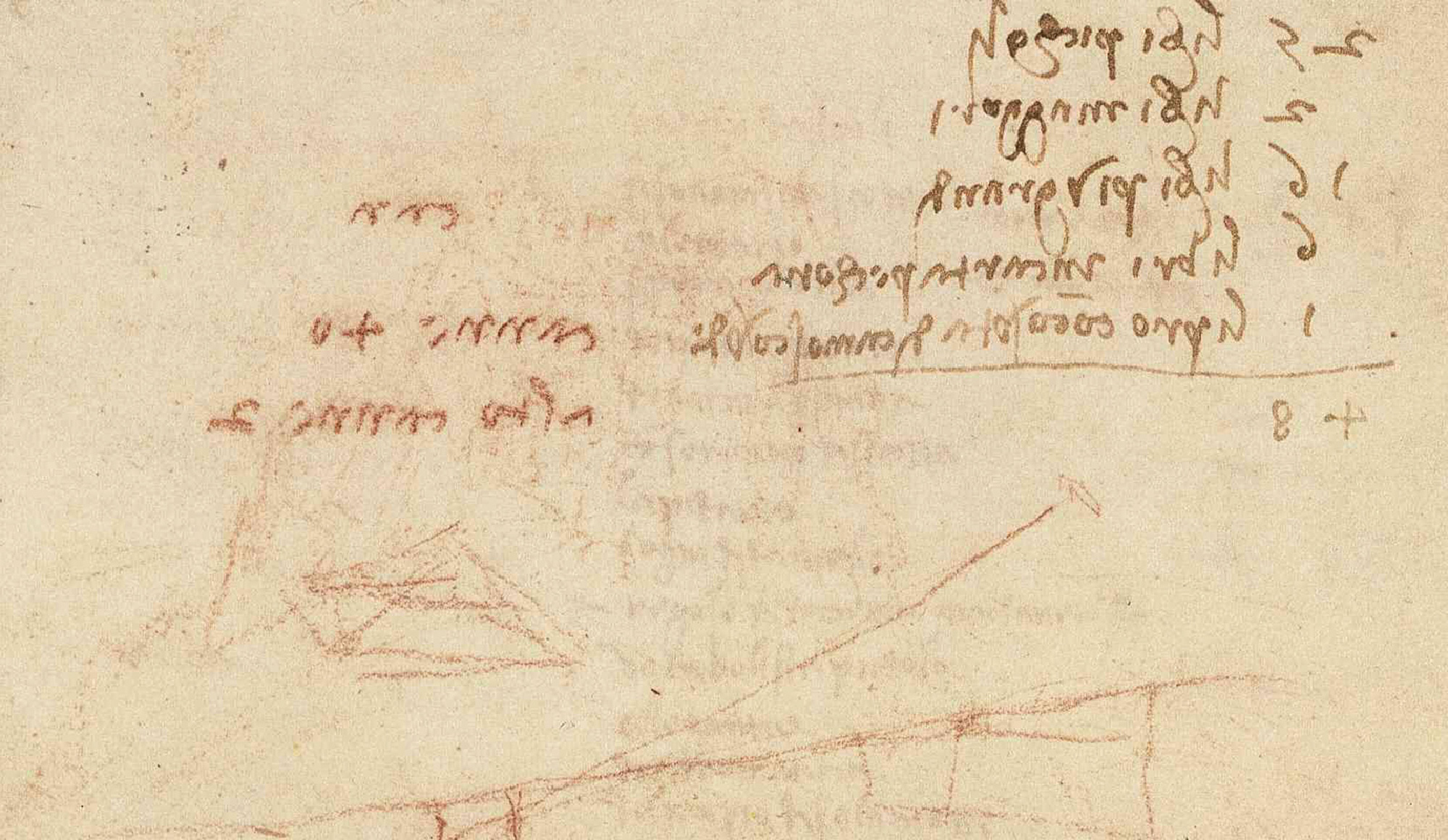 A page from the “Codex Madrid II” (folio 3v) on which Leonardo lists fifty volumes (“25 small books; 2 larger books; 16 rather larger books; 6 books on vellum; 1 book bound in green chamois”) but adds them incorrectly to arrive at a total of forty-eight. These volumes are not considered to be part of his library; many scholars speculate that they are his own notebooks and collections of drawings.