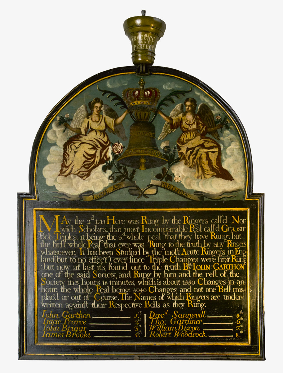 Plaque recording the first successful ringing of an entire peal of 5,040 changes at the Church of St. Peter Mancroft, Norwich, England, 2 May 1715. Photo Neil Thomas.