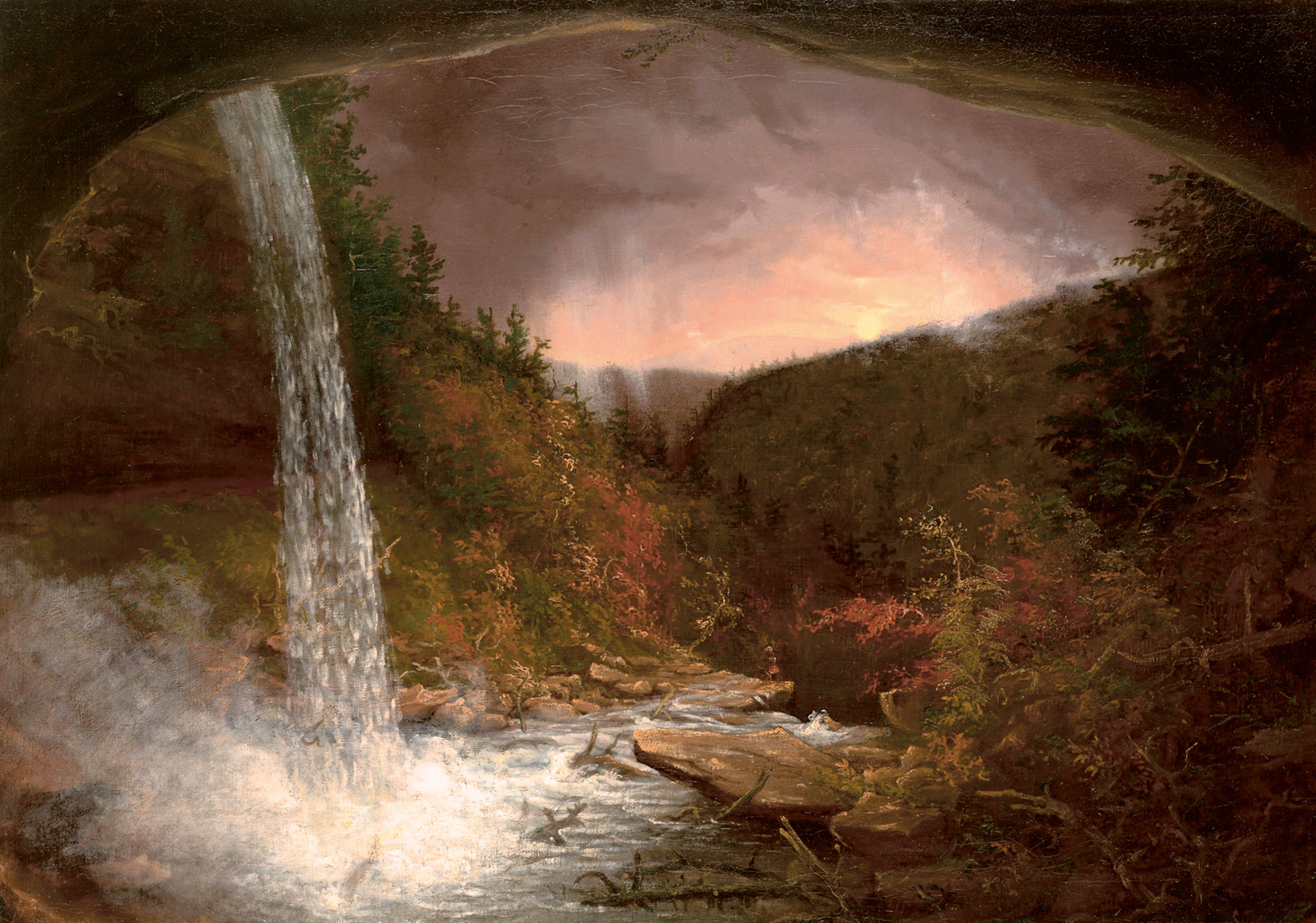 Thomas Cole’s eighteen twenty-six painting titled “Kaaterskill Falls.” This painting, a copy by the artist of a now-lost work he made during his first visit to the area in eighteen twenty-five, was commissioned by Daniel Wadsworth, founder of the Wadsworth Athenaeum.