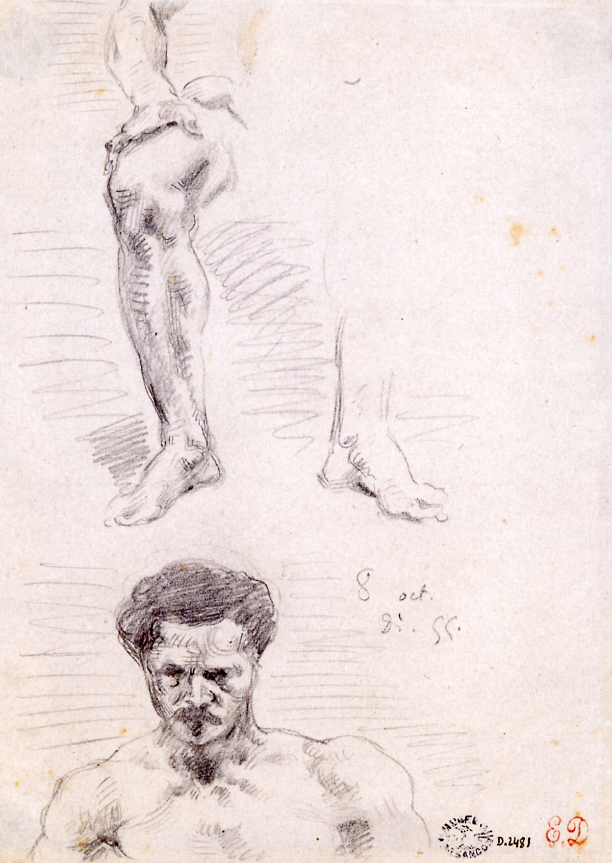 Delacroix’s studies of a man’s leg and head from Eugène Durieu‘s photographs, dated 8th of October eighteen fifty-five.