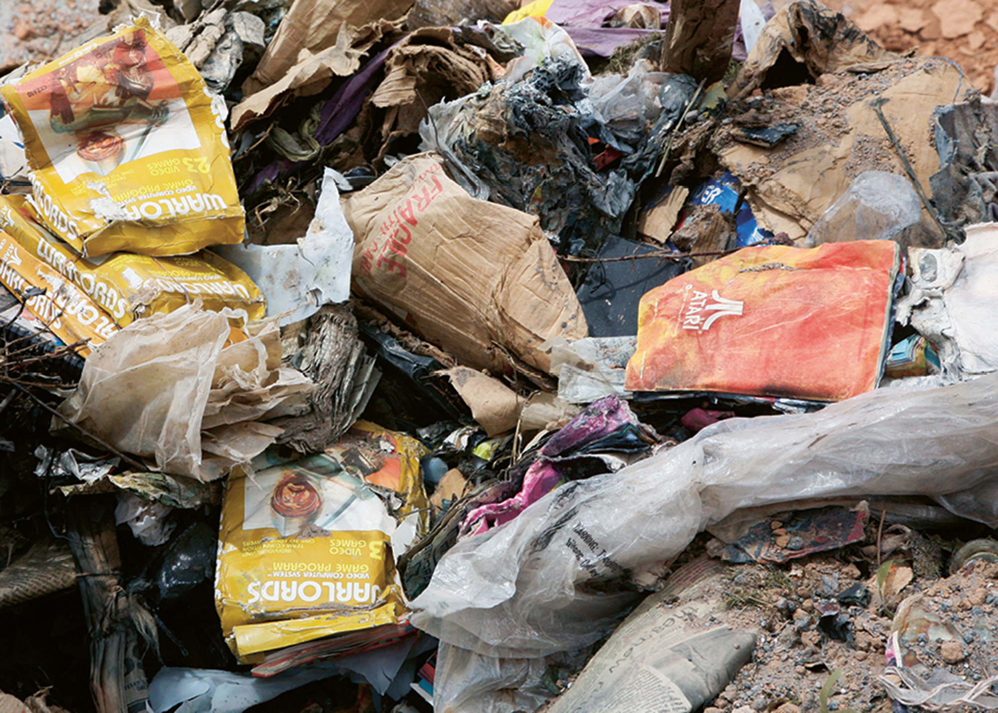 A photograph of discarded merchandise at the Atari Incorporated landfill site in Alamogordo, New Mexico.