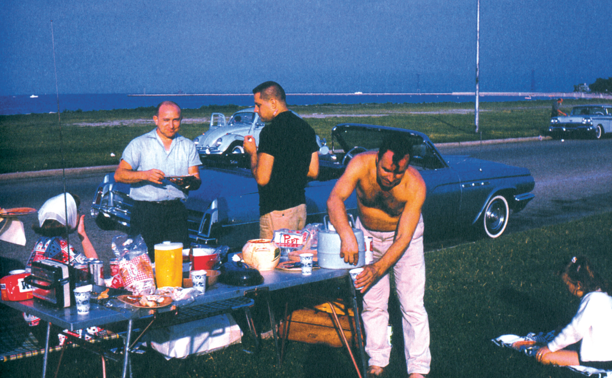 A photograph of a shirtless man at a picnic standing next to his two clothed friends.