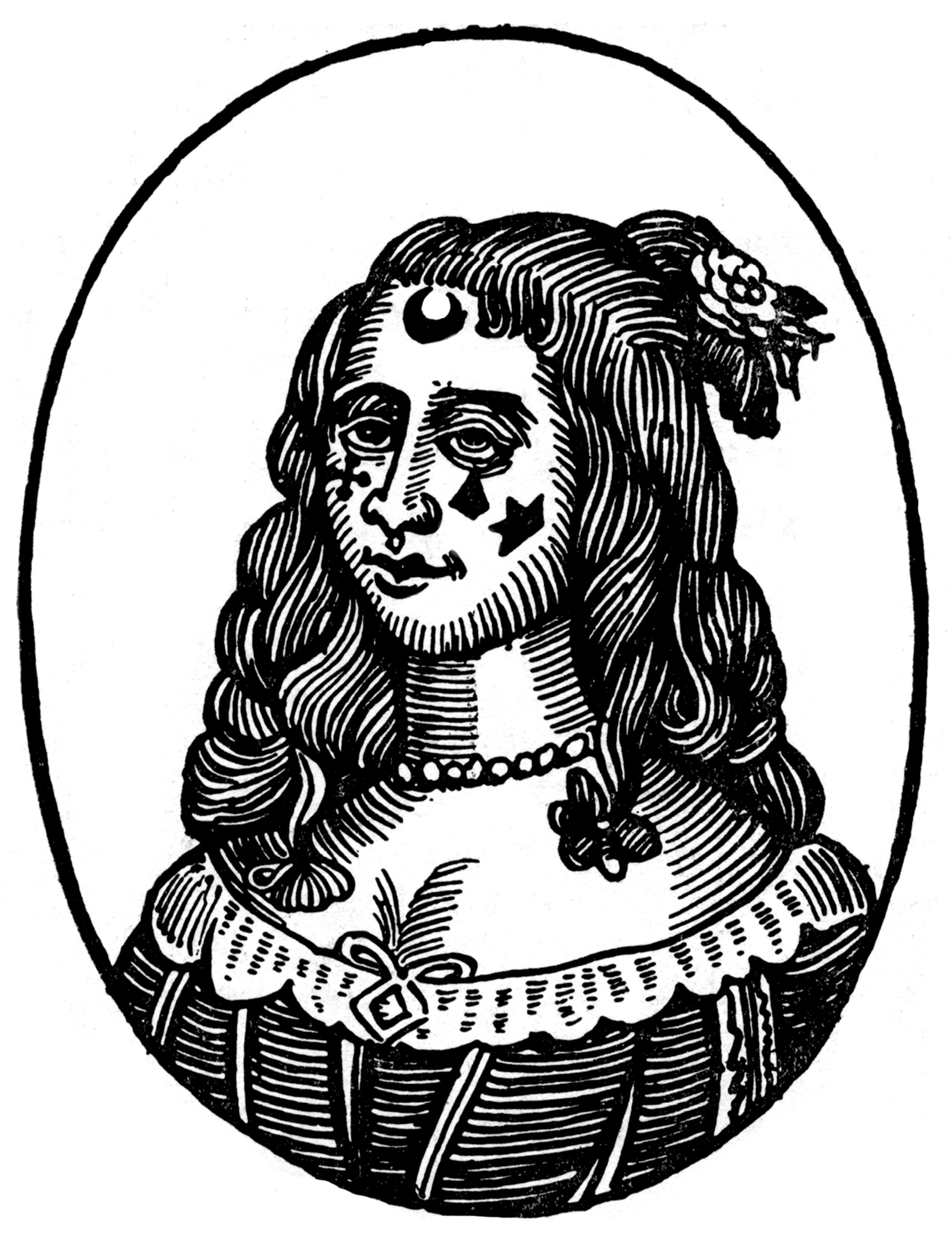 A copy of a woodcut originally made in circa sixteen eighty, depicting a woman with geometric shapes marked on her face and neck. The image is reproduced from the seventh volume of J. Woodfall Ebsworth’s eighteen ninety work titled “The Roxburghe Ballads.” 