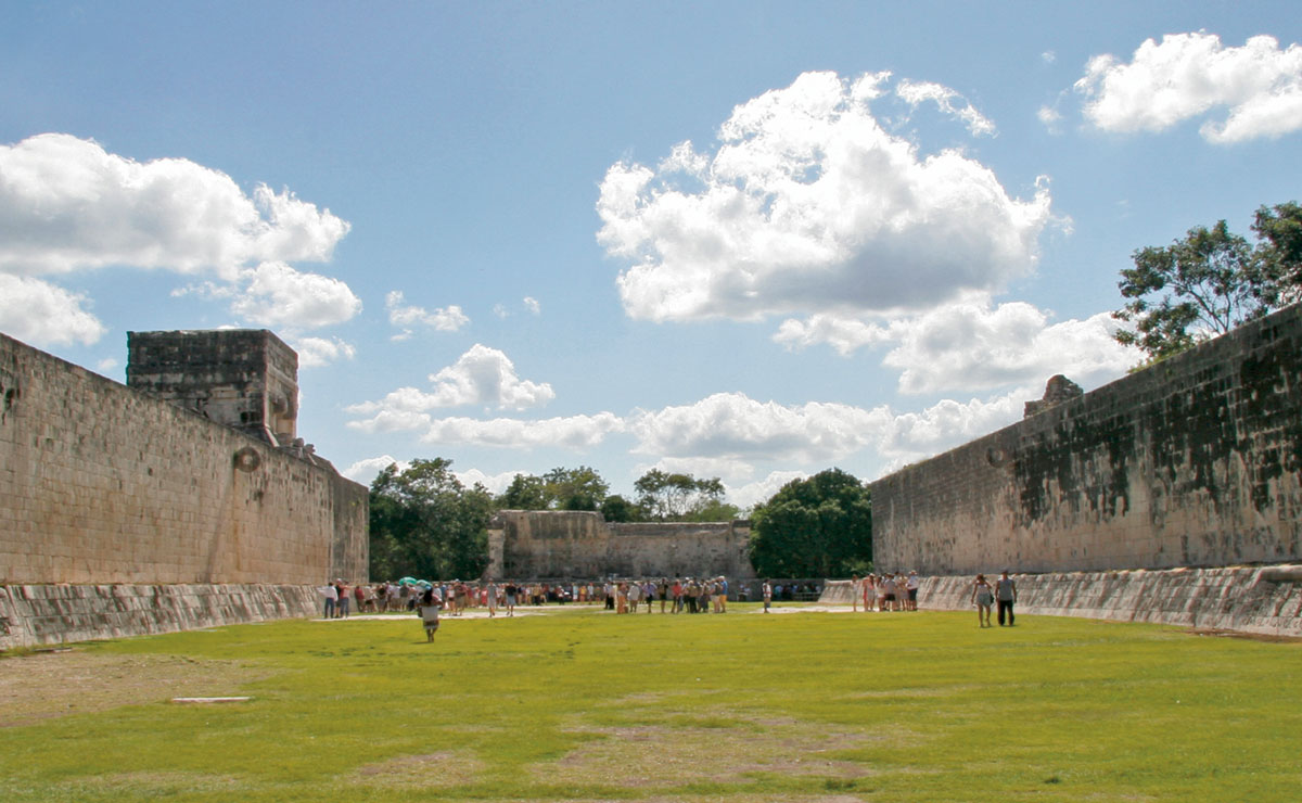 A photograph of the Maya ball court at Chichen Itza, the largest in Mesoamerica.